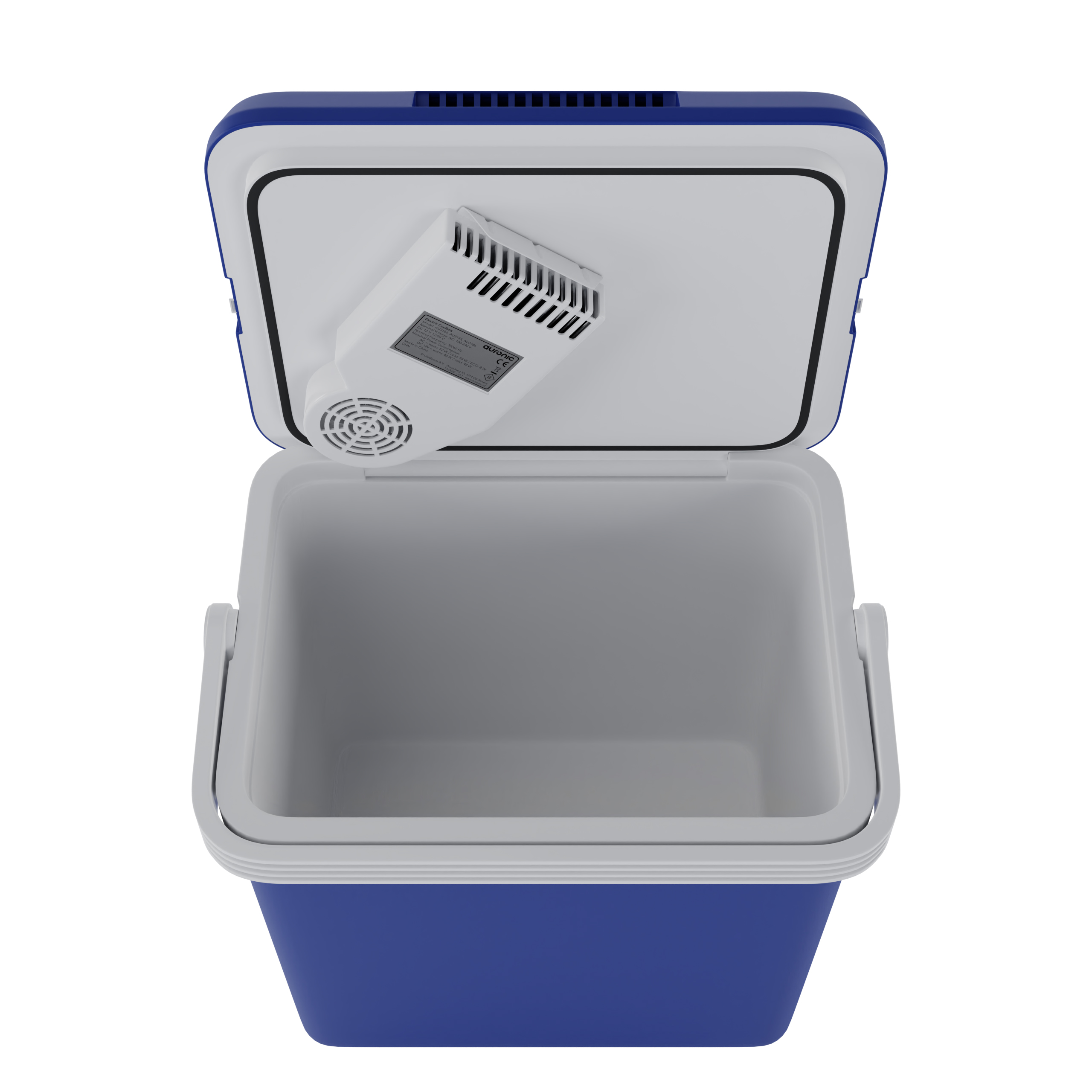 Een open blauwe koelbox met wit deksel met ventilatieopeningen en ventilator.