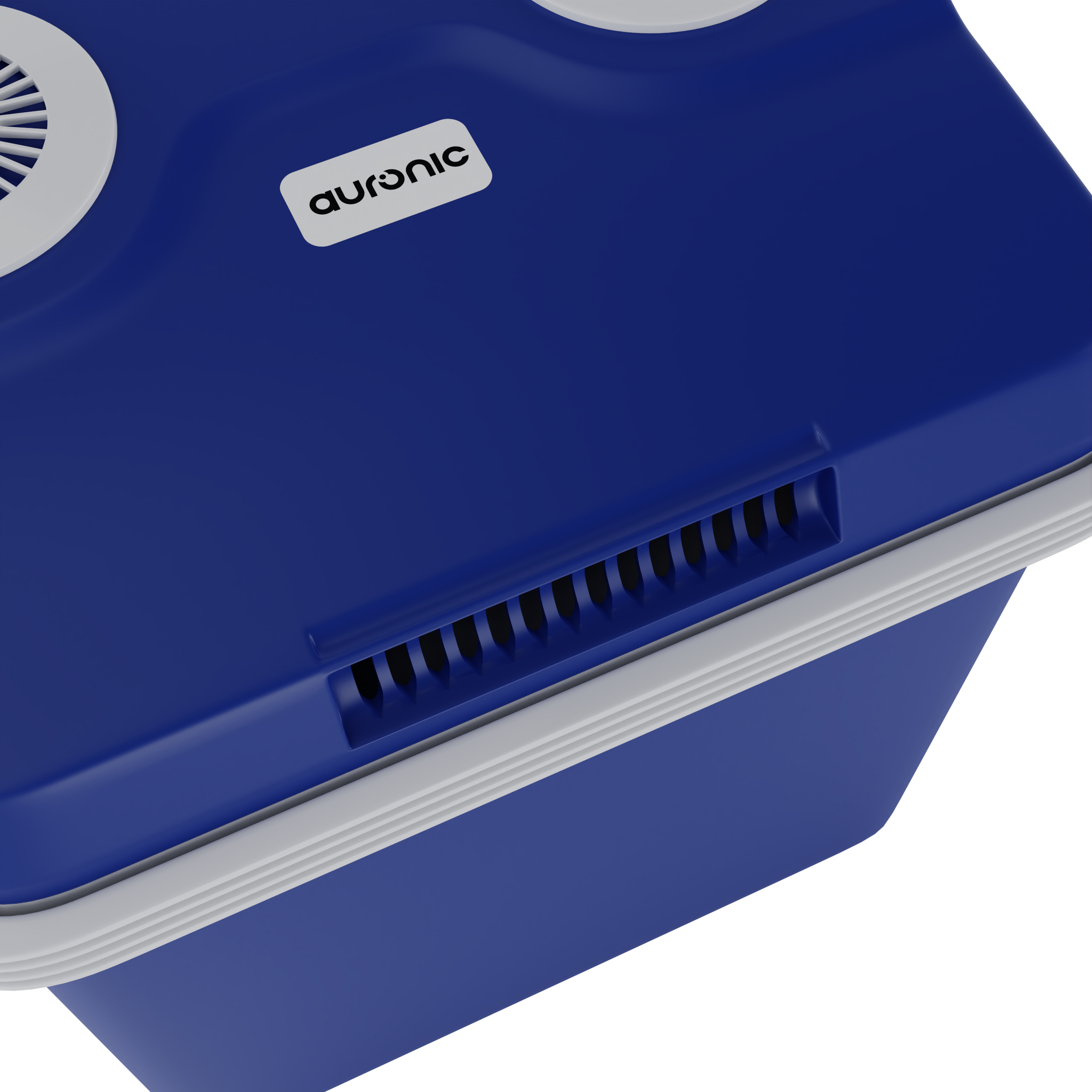 Blauw koelboxdeksel met witte ventilatie en logo.