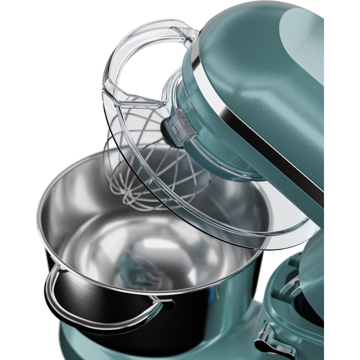 Een teal keukenmixer met RVS kom en garde-opzetstuk.