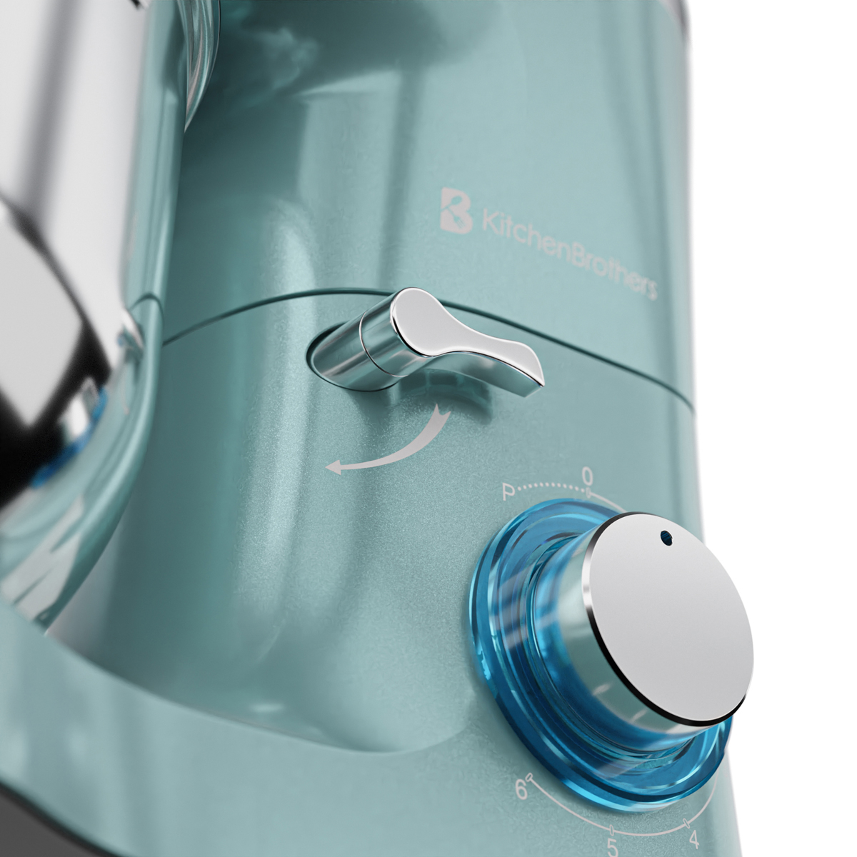 Close-up van een turquoise keukenmachine met chroomdetails en bedieningsknoppen.