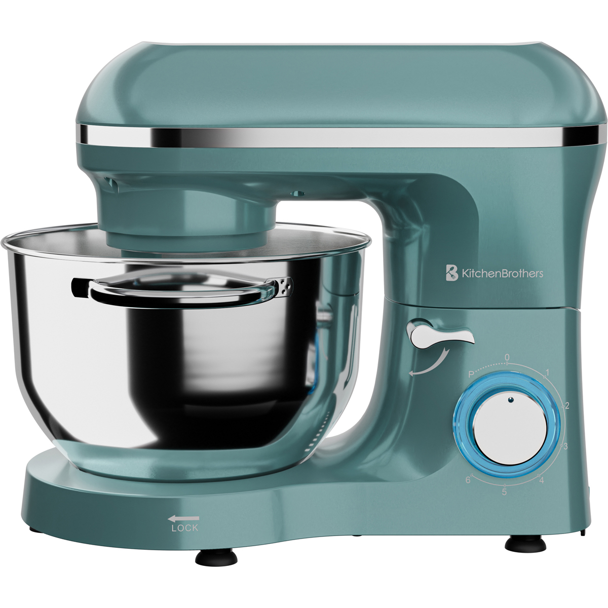 Een teal KitchenBrothers standmixer met roestvrijstalen kom.