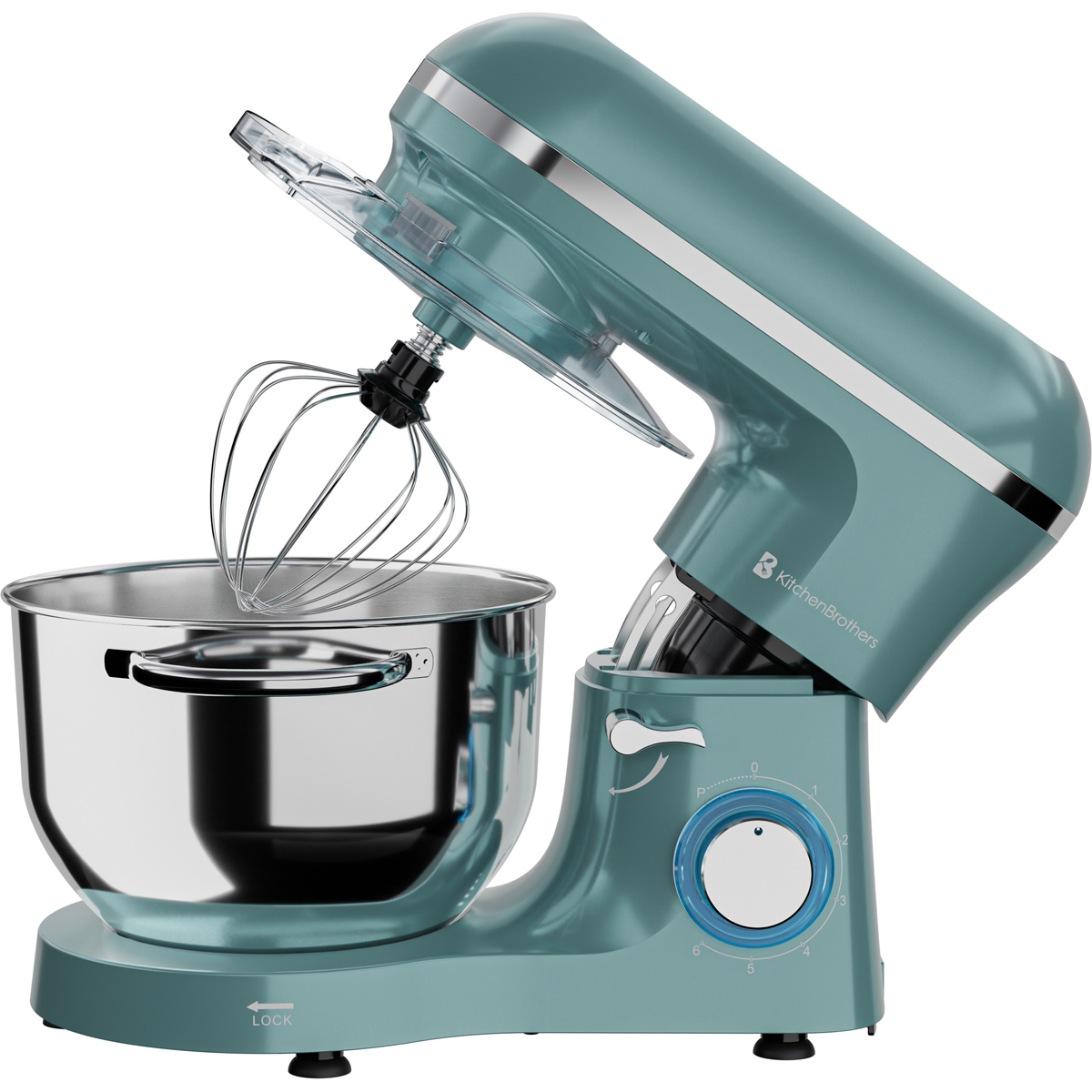 Een tealkleurige standmixer met garde en roestvrijstalen kom.