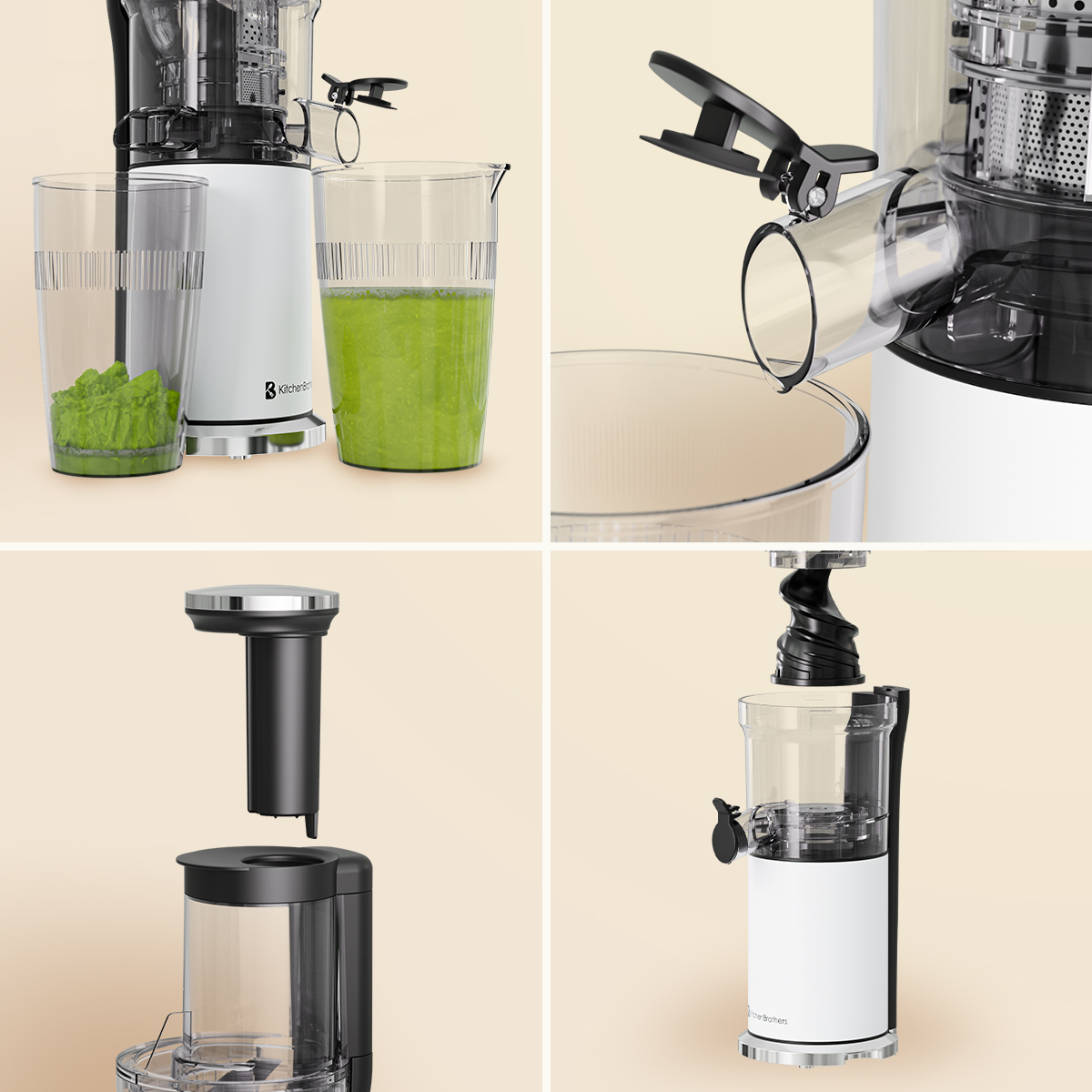 Collage van een witte sapcentrifuge. Links boven: zijaanzicht met twee bekers. Rechts boven: close-up van sapdispensatie. Links onder: gedemonteerde onderdelen. Rechts onder: geassembleerde sapcentrifuge.