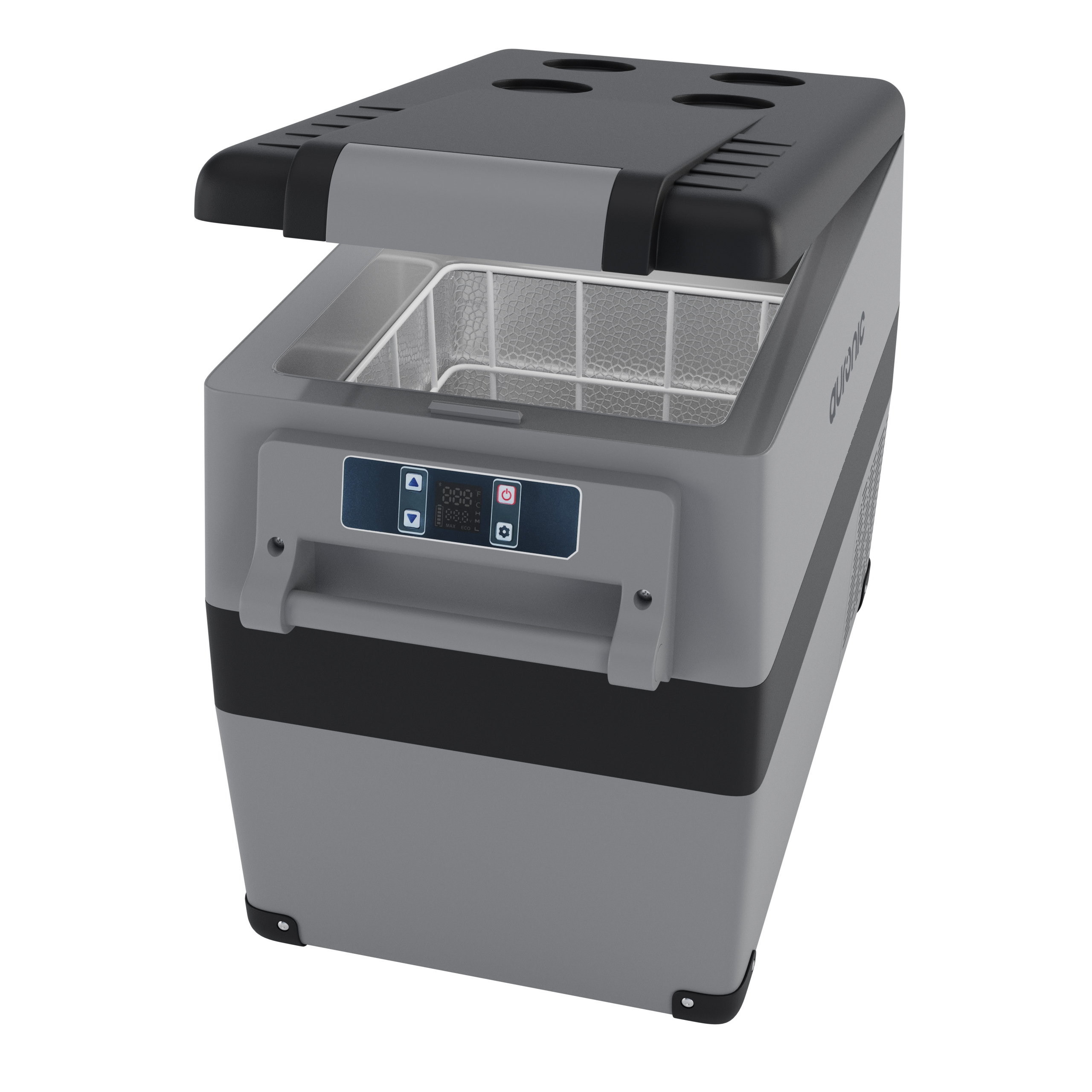 Glacière portable grise et noire, couvercle ouvert, avec écran numérique.
