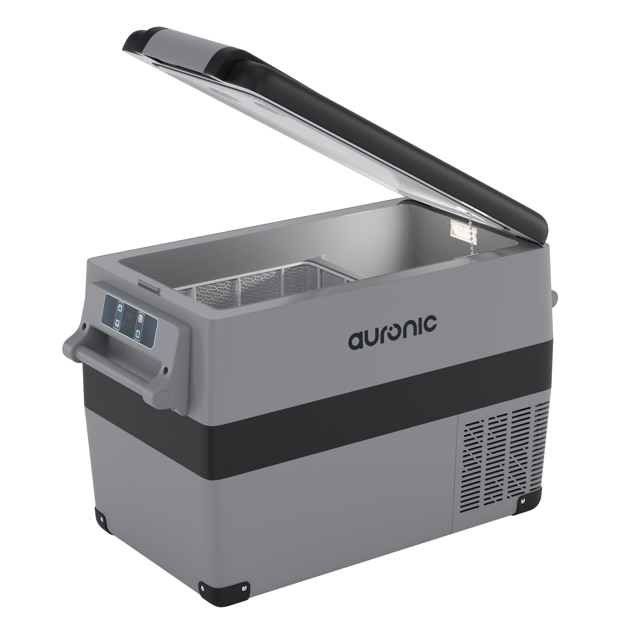 Glacière portable grise avec couvercle ouvert, logo Auronic.