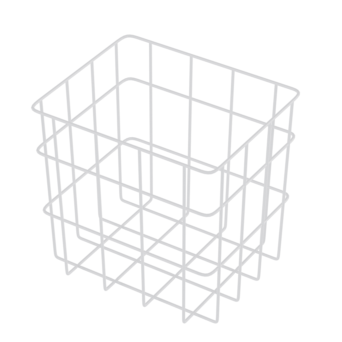 Un panier en fil métallique blanc à motif de grille carrée, isolé sur fond blanc.