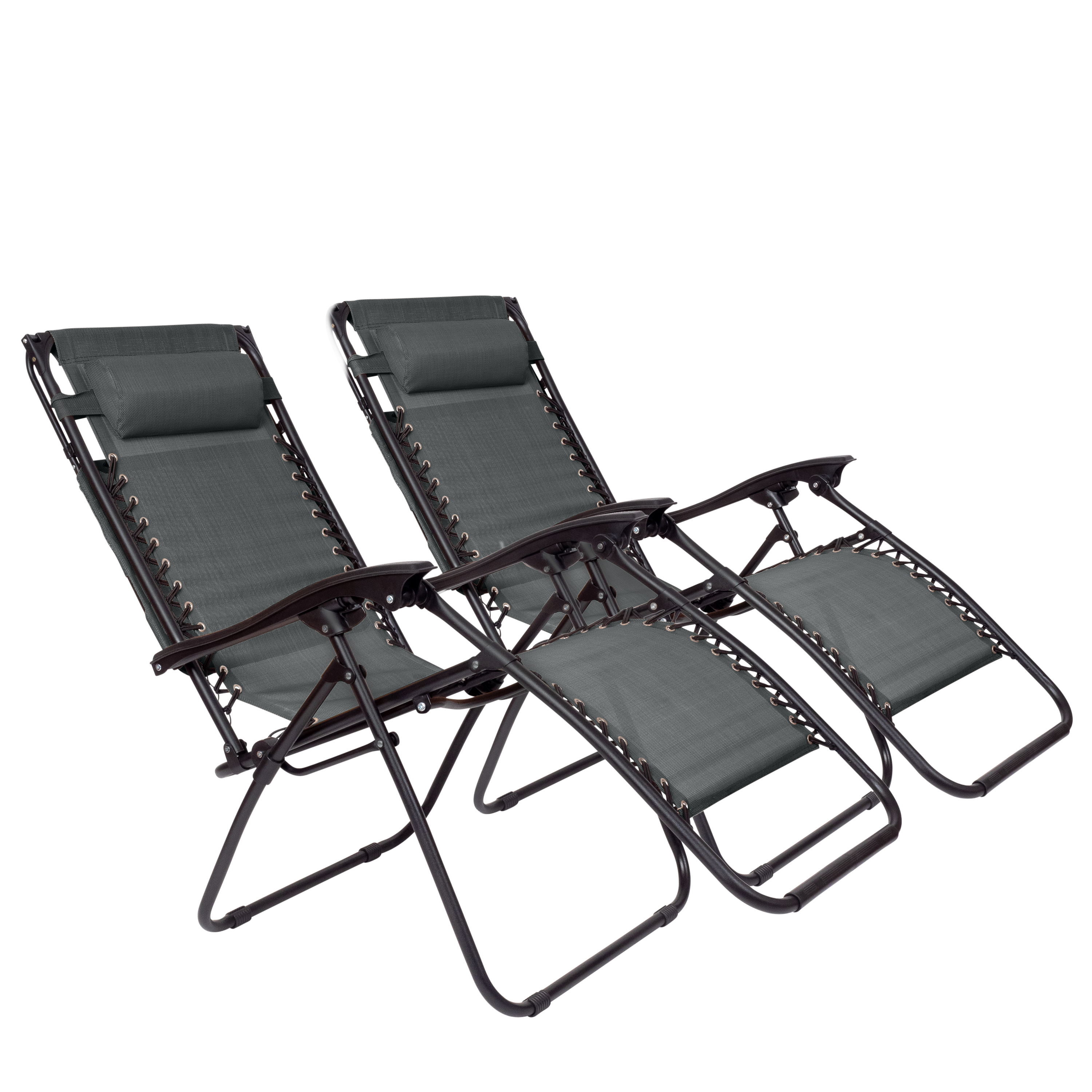 Twee grijze zero-gravity stoelen met hoofdsteunen op witte achtergrond.