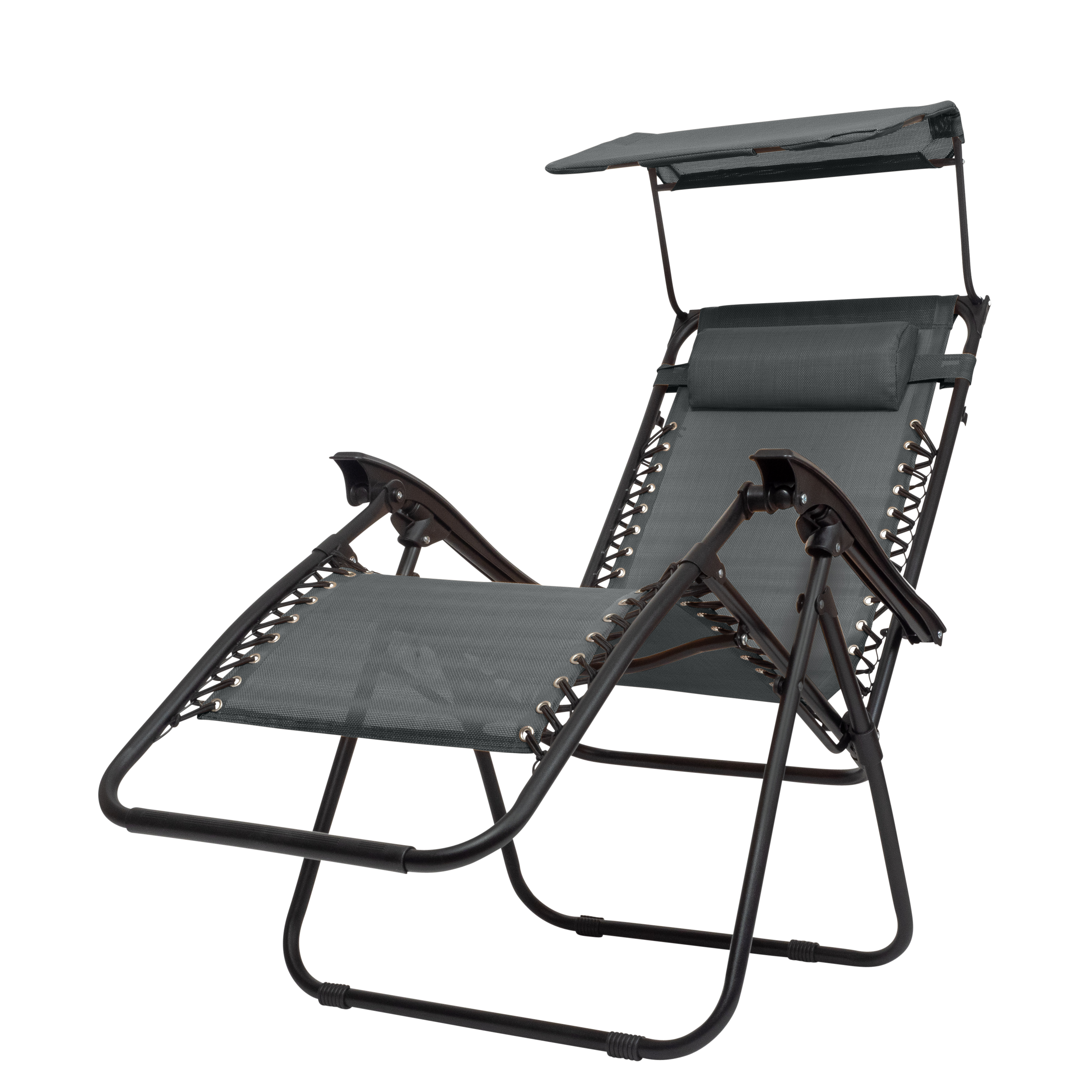 Grijze zero-gravity stoel met zonnedak en kussen op witte achtergrond.
