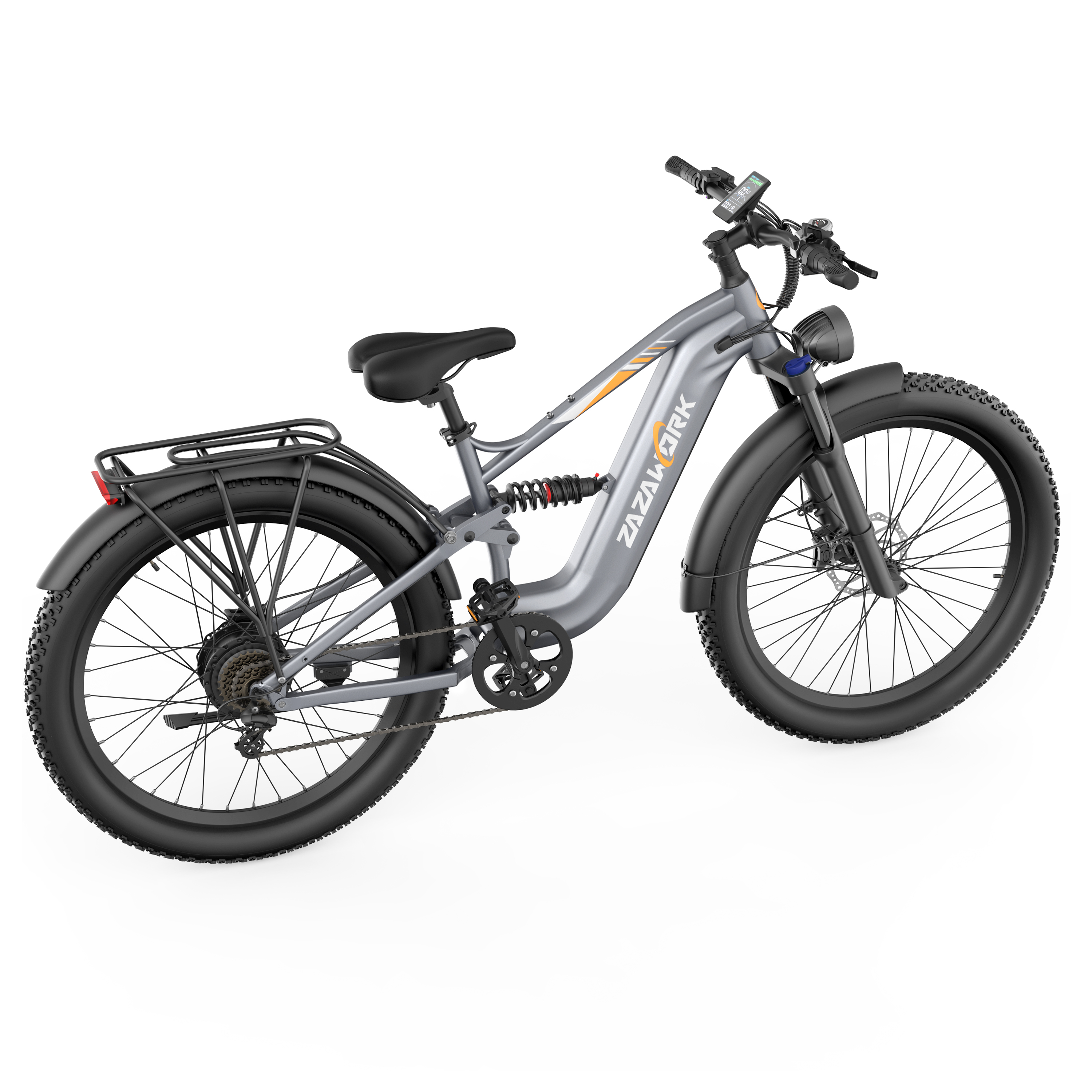 Bicicleta eléctrica gris con neumáticos anchos, suspensión y portaequipajes.