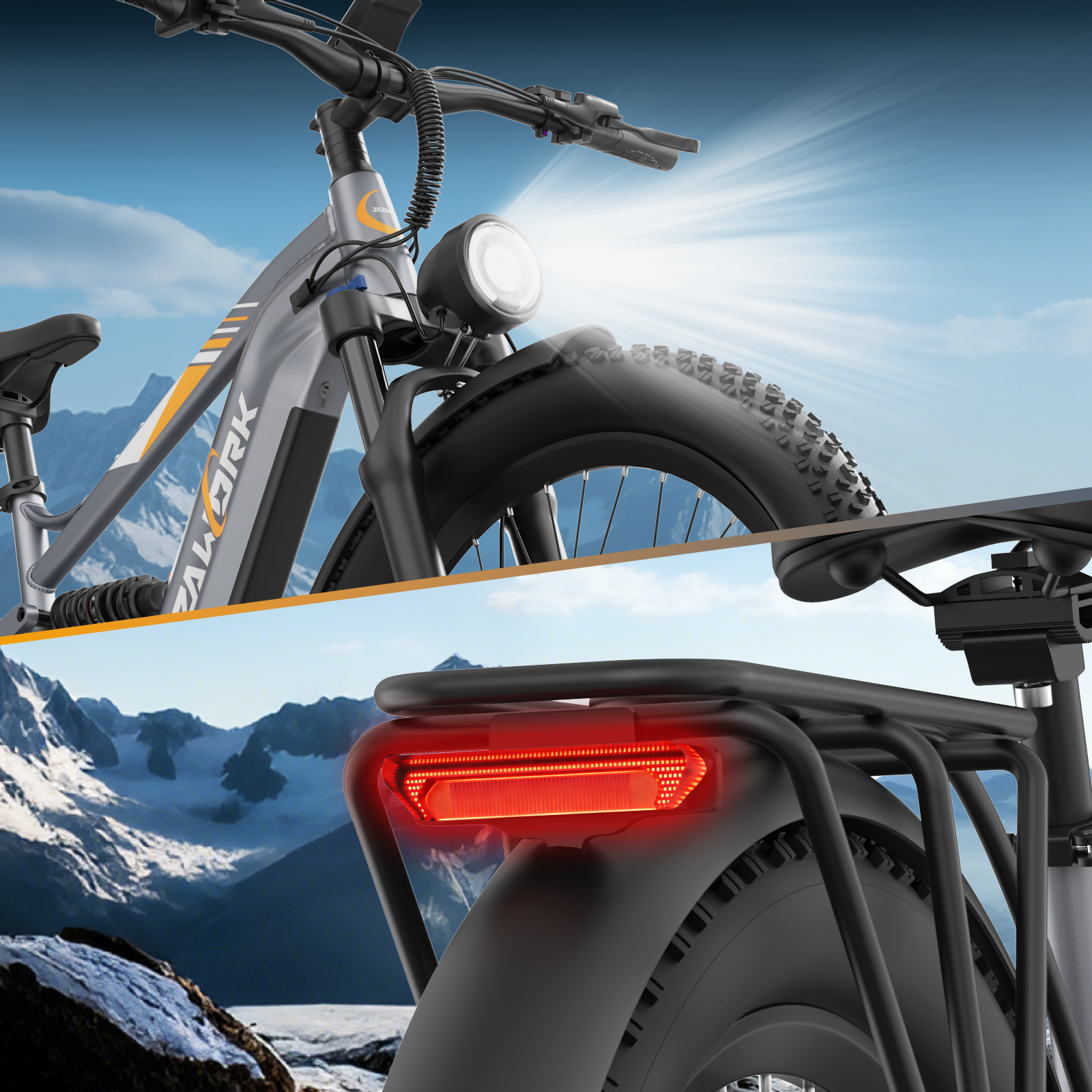 E-bike gris con neumáticos anchos, faro brillante y luz trasera roja ante fondo de montaña.