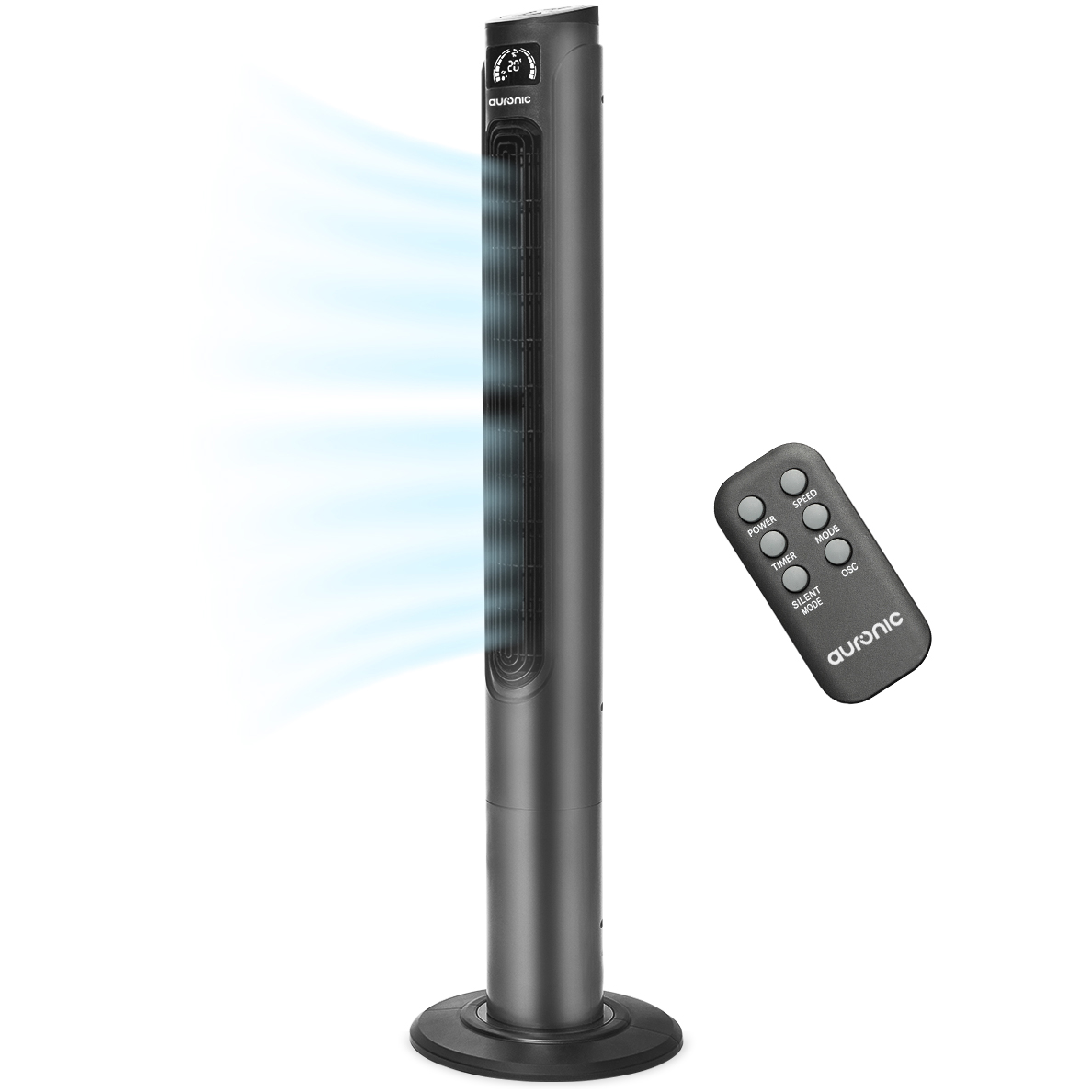 Un ventilateur tour gris avec une télécommande est montré. Des flux d'air bleus émanent du ventilateur.