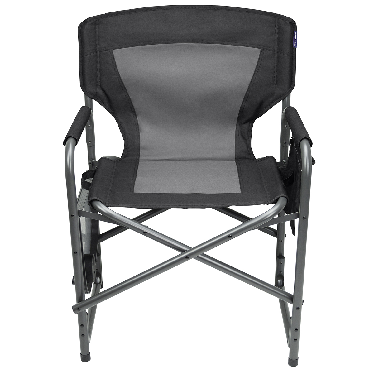 A dark gray and light gray fabric director's chair with a metal frame.