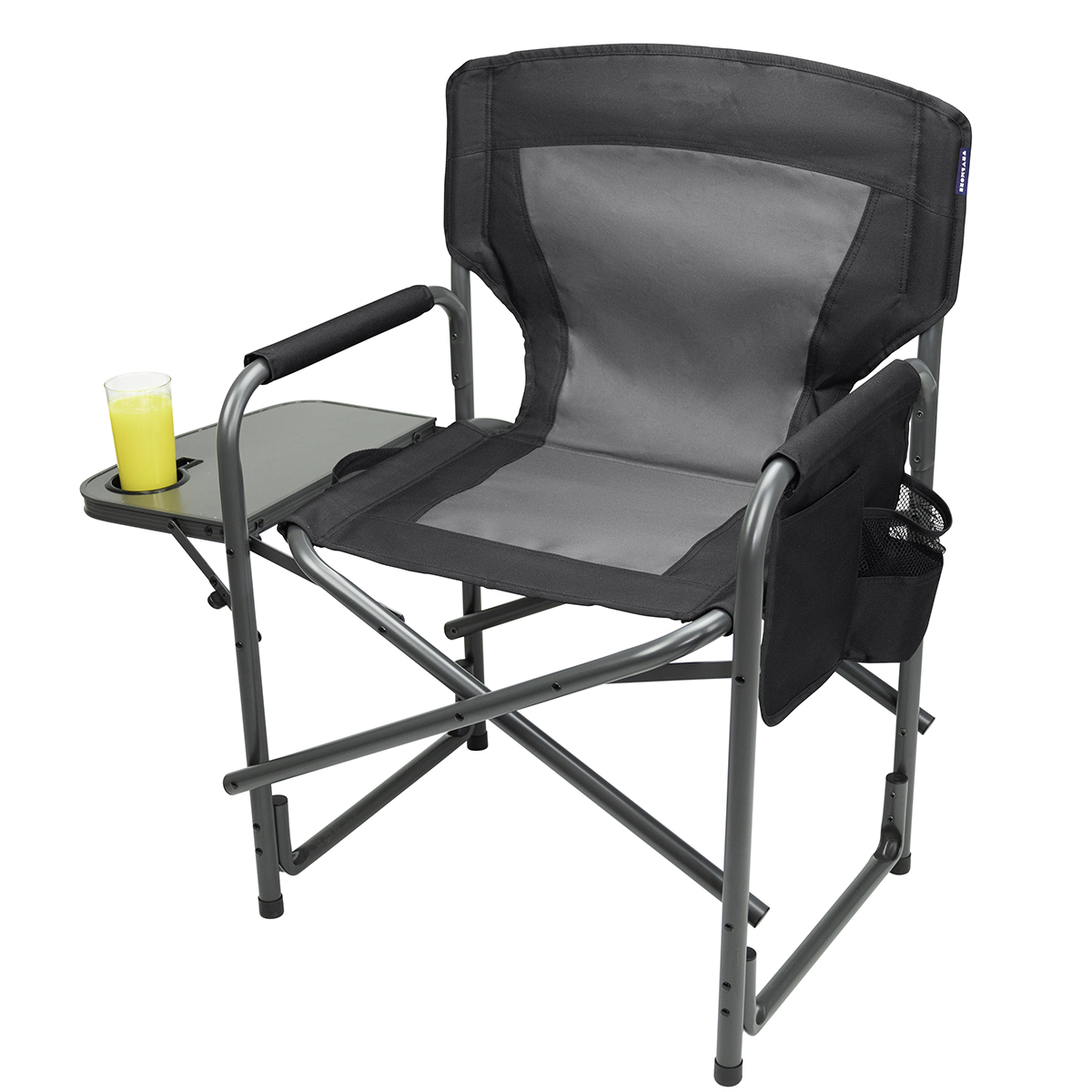 A gray camping chair with armrests, a side table, and a cup holder.