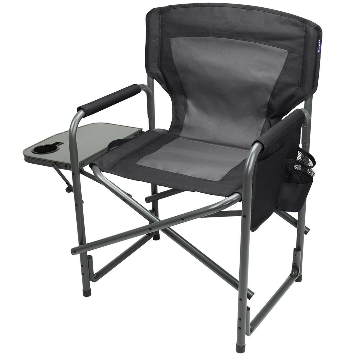 Gray director's chair with side table, cup holder, and side pocket.