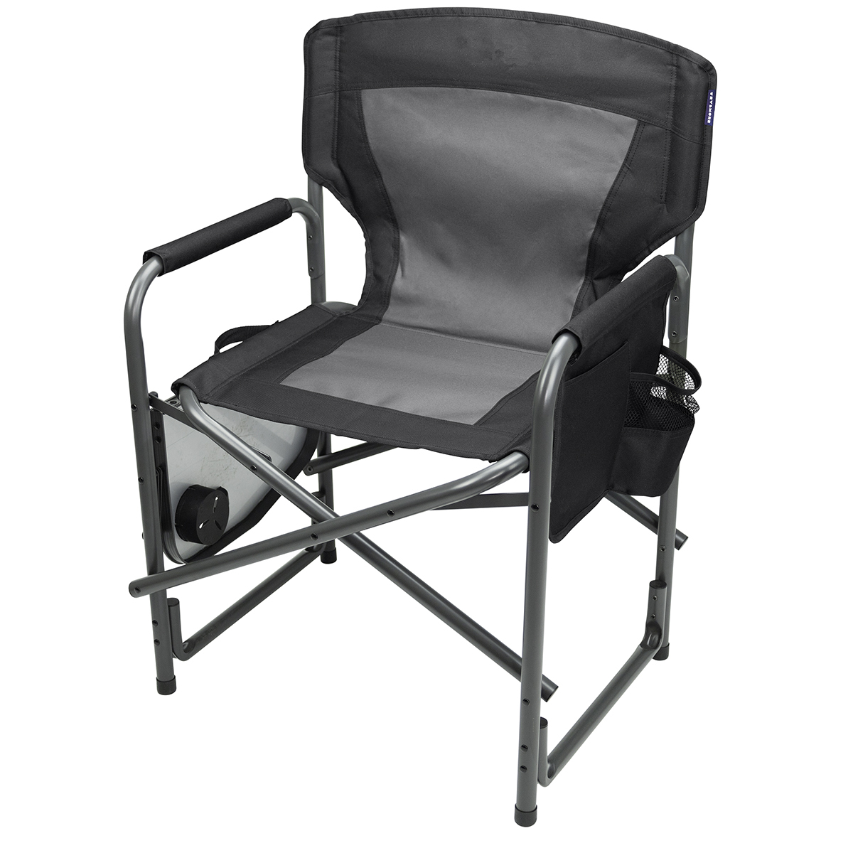 A gray and black director's chair with a side table and cup holder.
