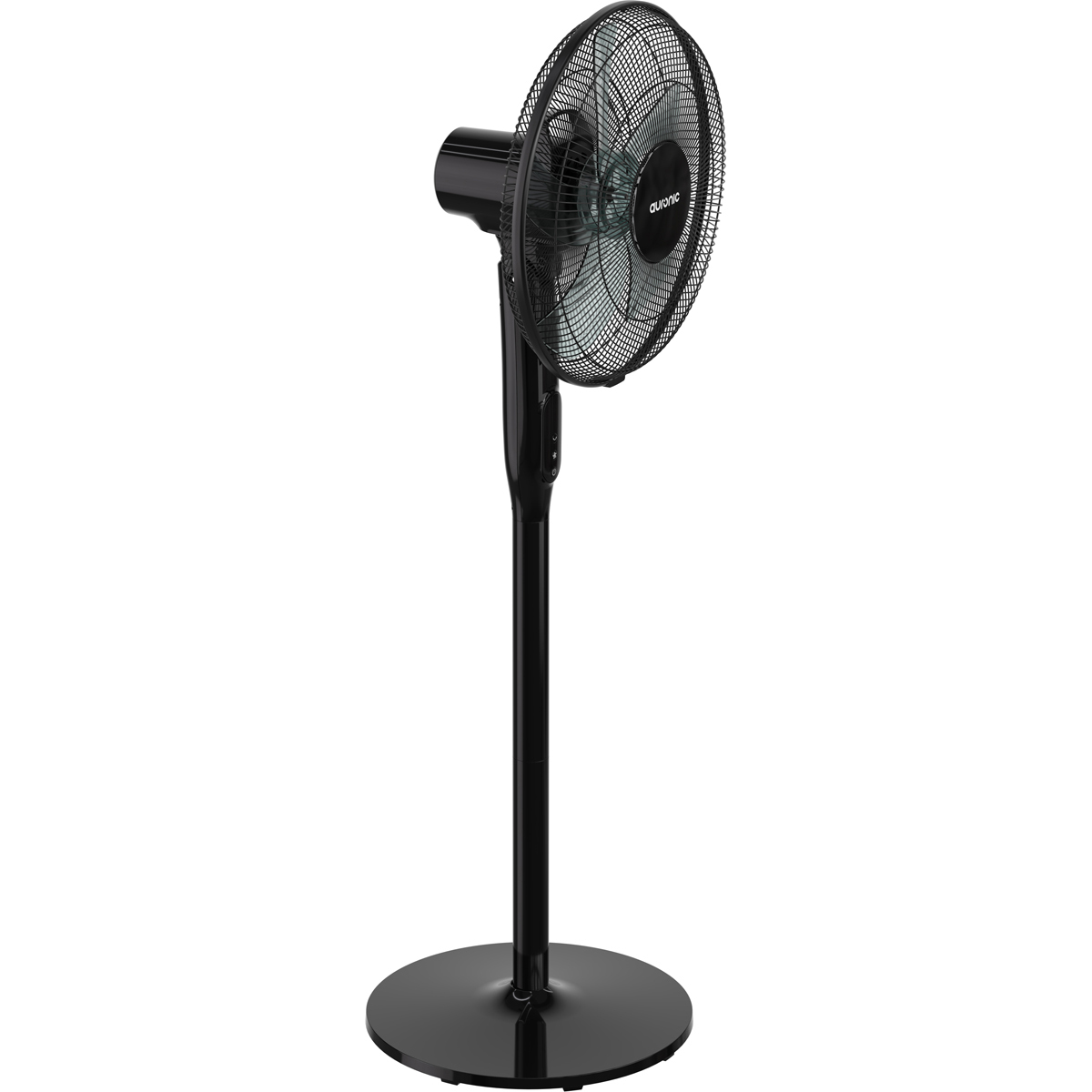 Un ventilateur sur pied noir avec une base ronde et une grille.