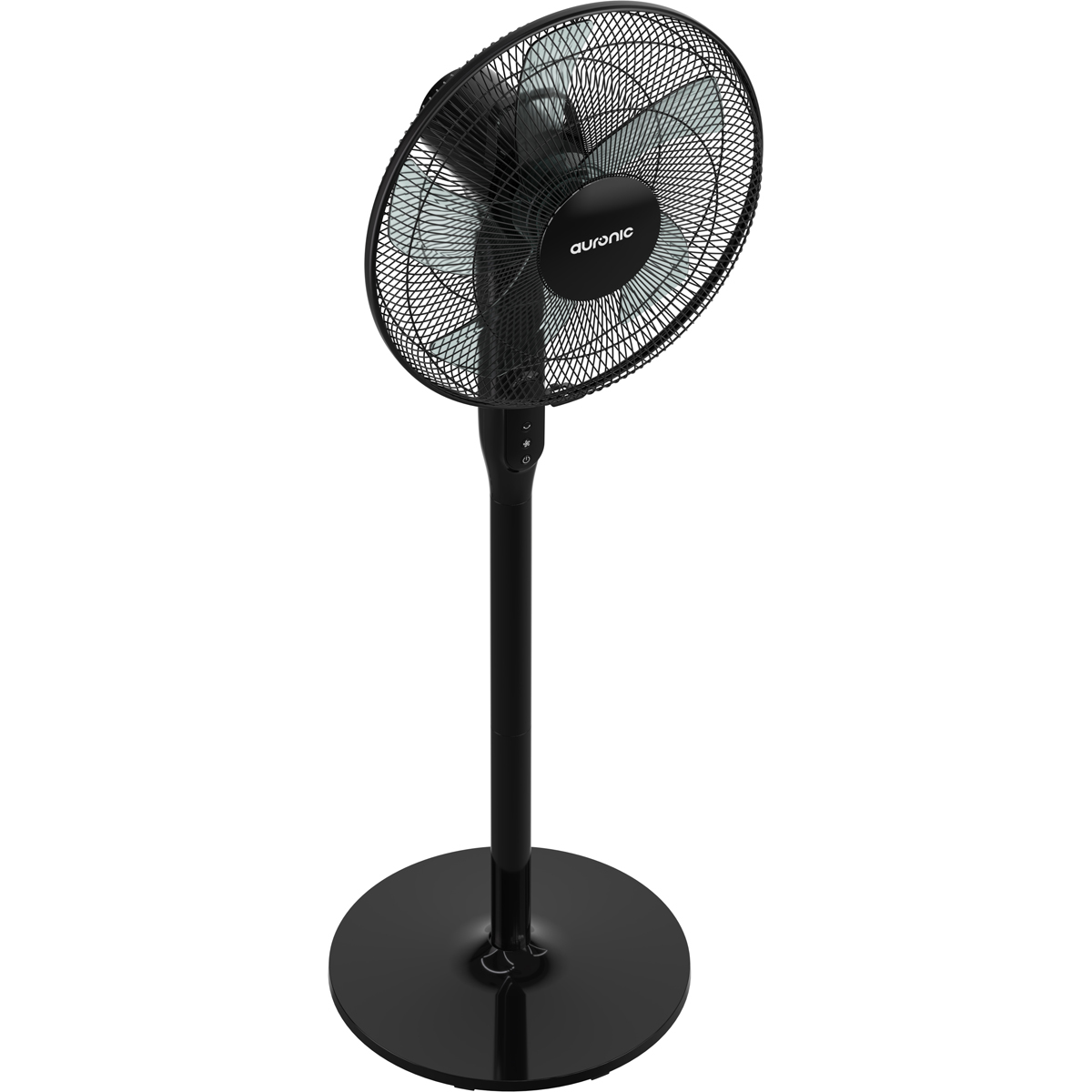Un ventilateur sur pied noir avec une base ronde et une grille.