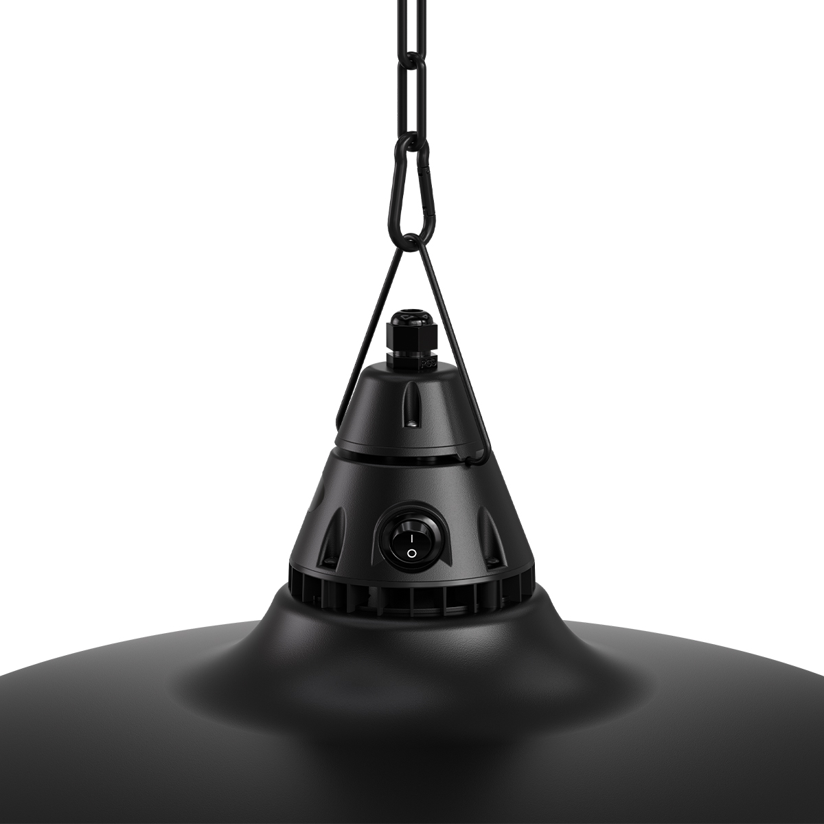 Lampe suspendue noire avec interrupteur, suspendue par une chaîne.