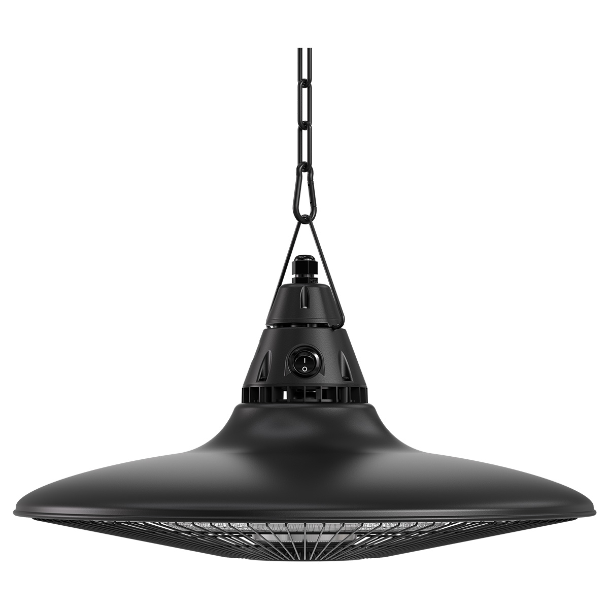 Un radiateur suspendu noir avec un abat-jour large et plat et une grille métallique en bas.