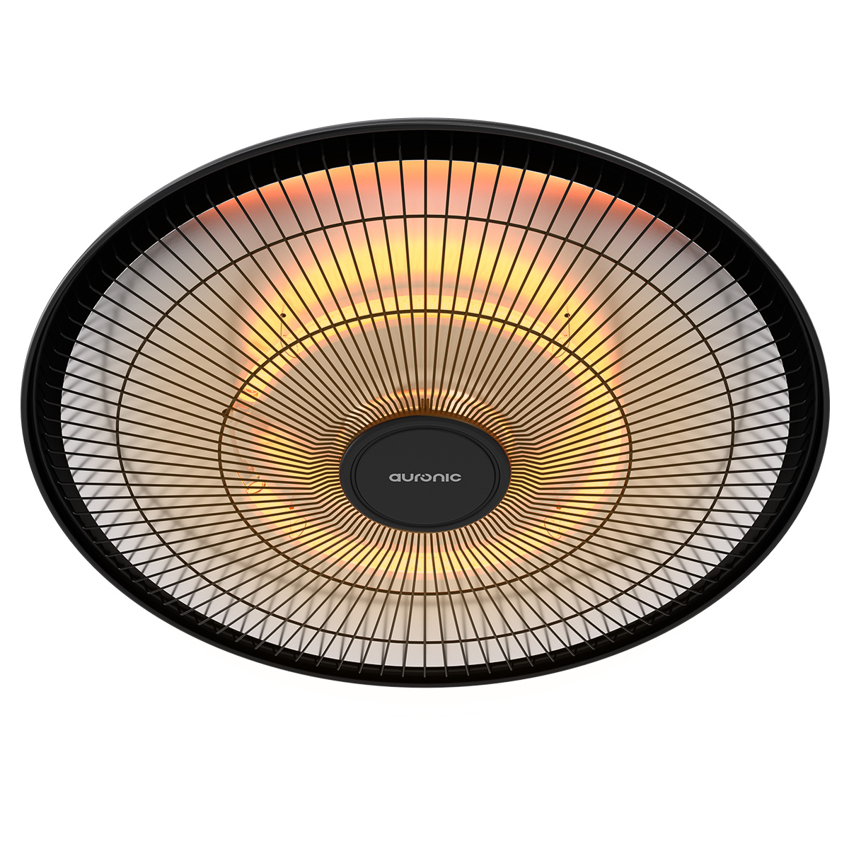 Un radiateur rond noir avec des éléments chauffants incandescents.