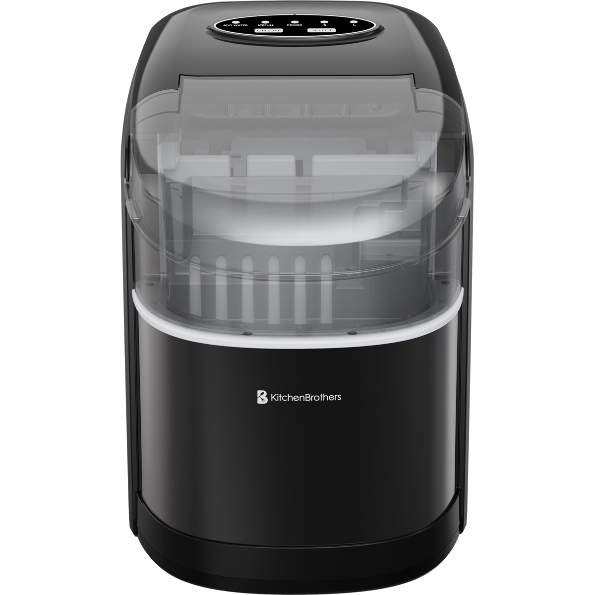 Black ice maker with clear lid and control panel on top.