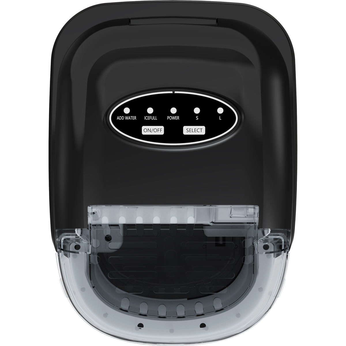 Black ice maker with clear ice bin. Control panel has lights for water, ice, power, S, L.