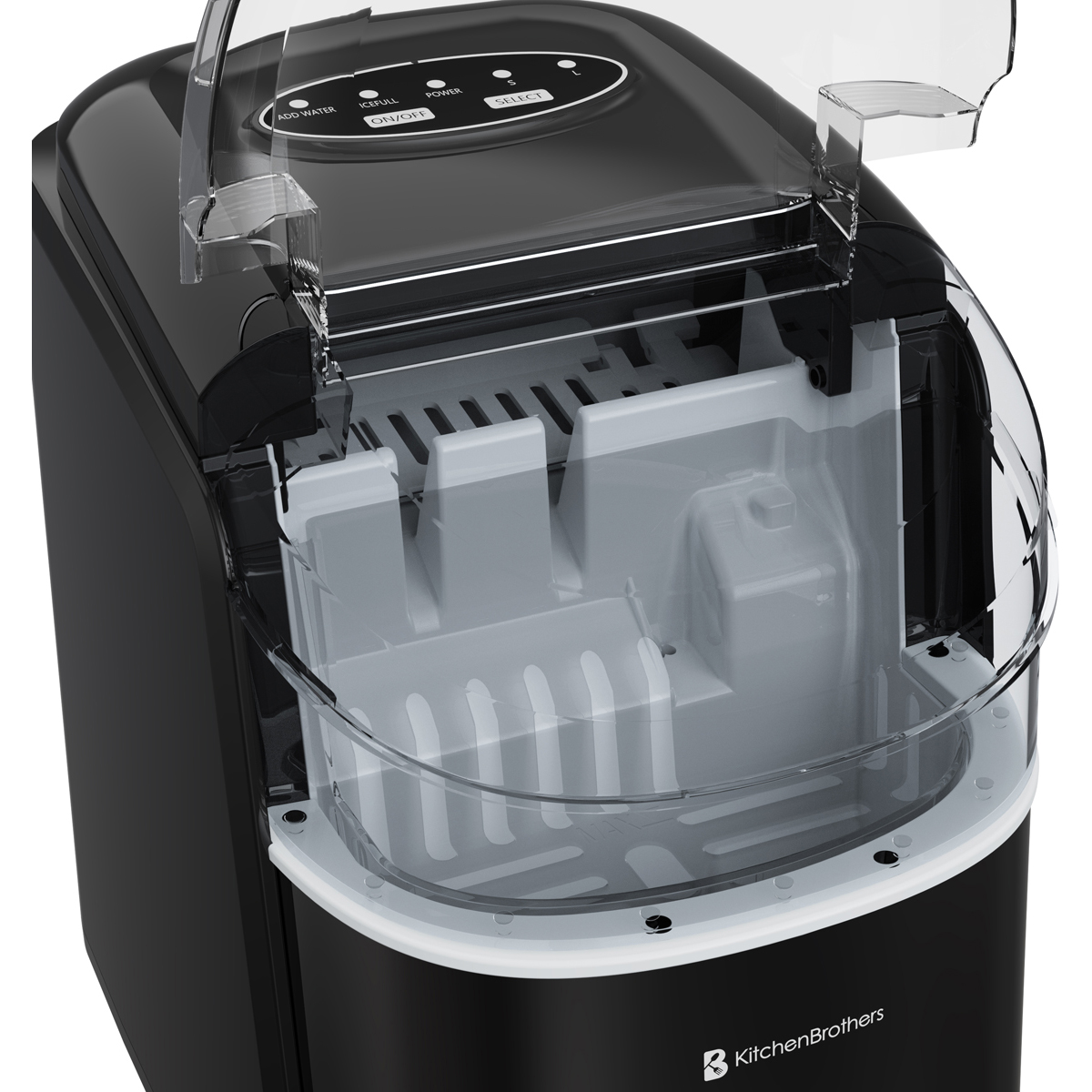 Black ice maker with clear lid, showing ice molds and control panel.