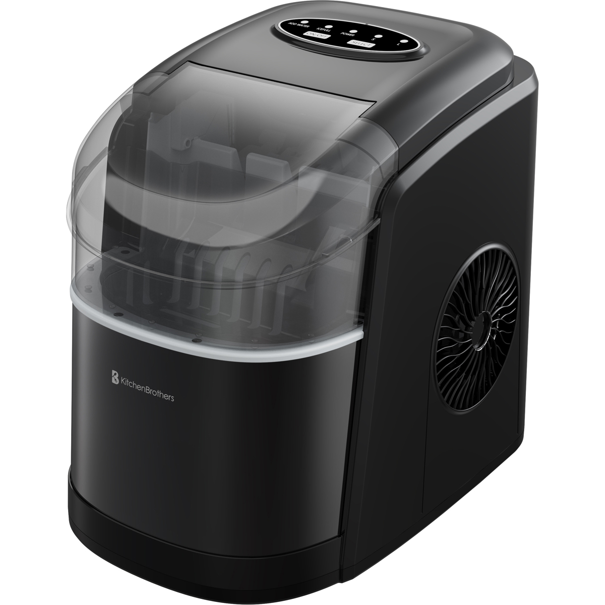 Black ice maker with a transparent lid and control panel on top.