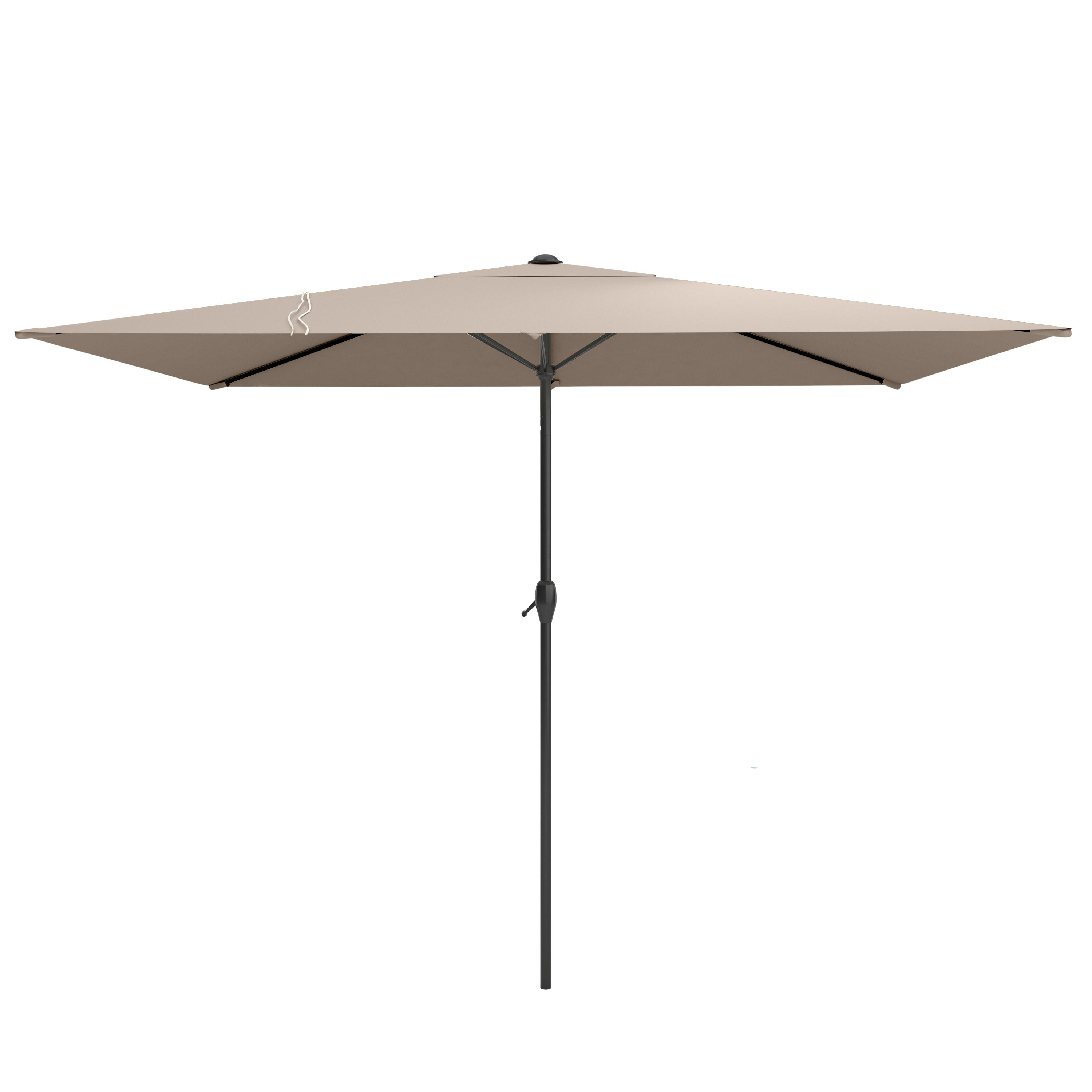 Een rechthoekige, beige parasol met een zwarte paal.