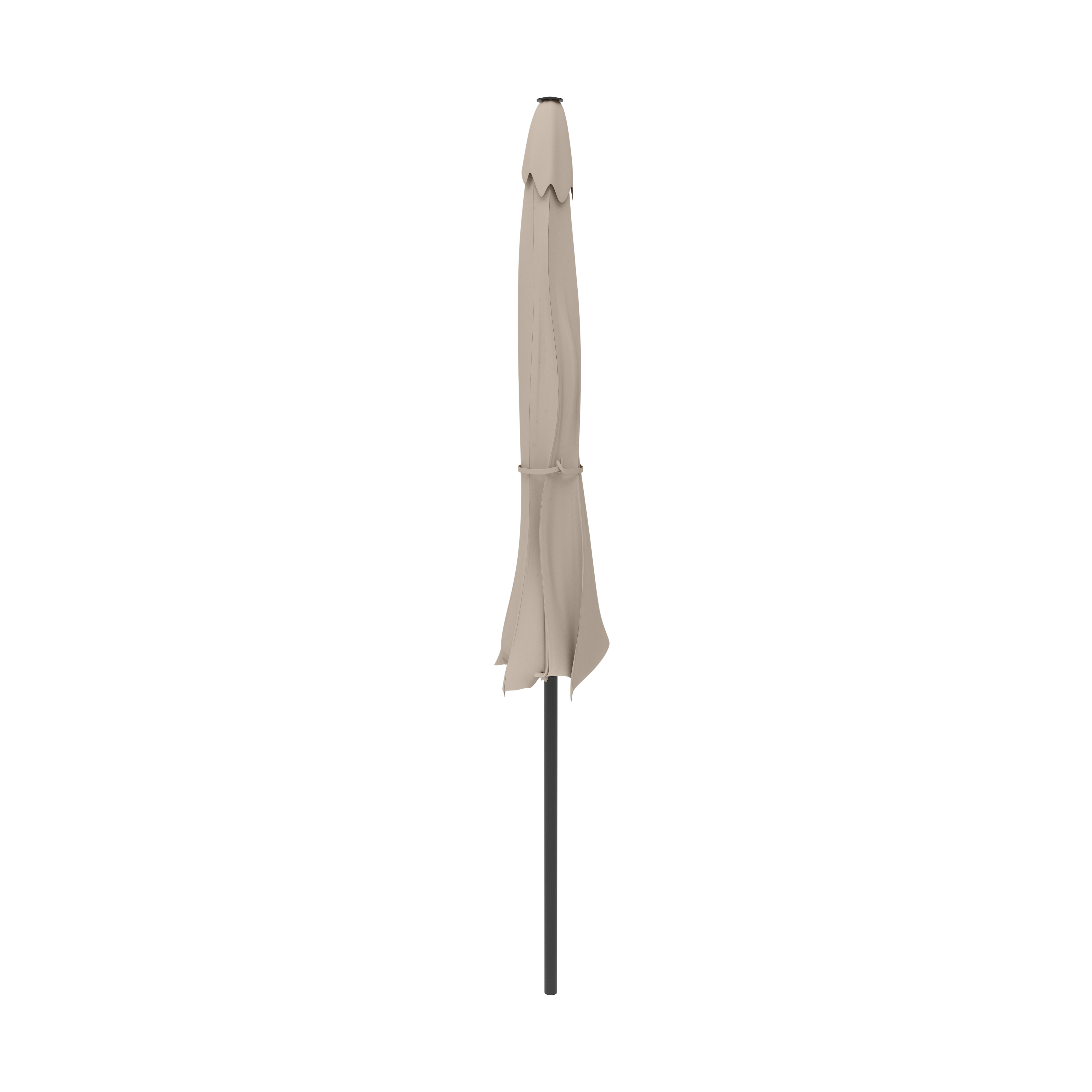 Een gesloten, beige parasol op een donkere paal, geïsoleerd op wit.