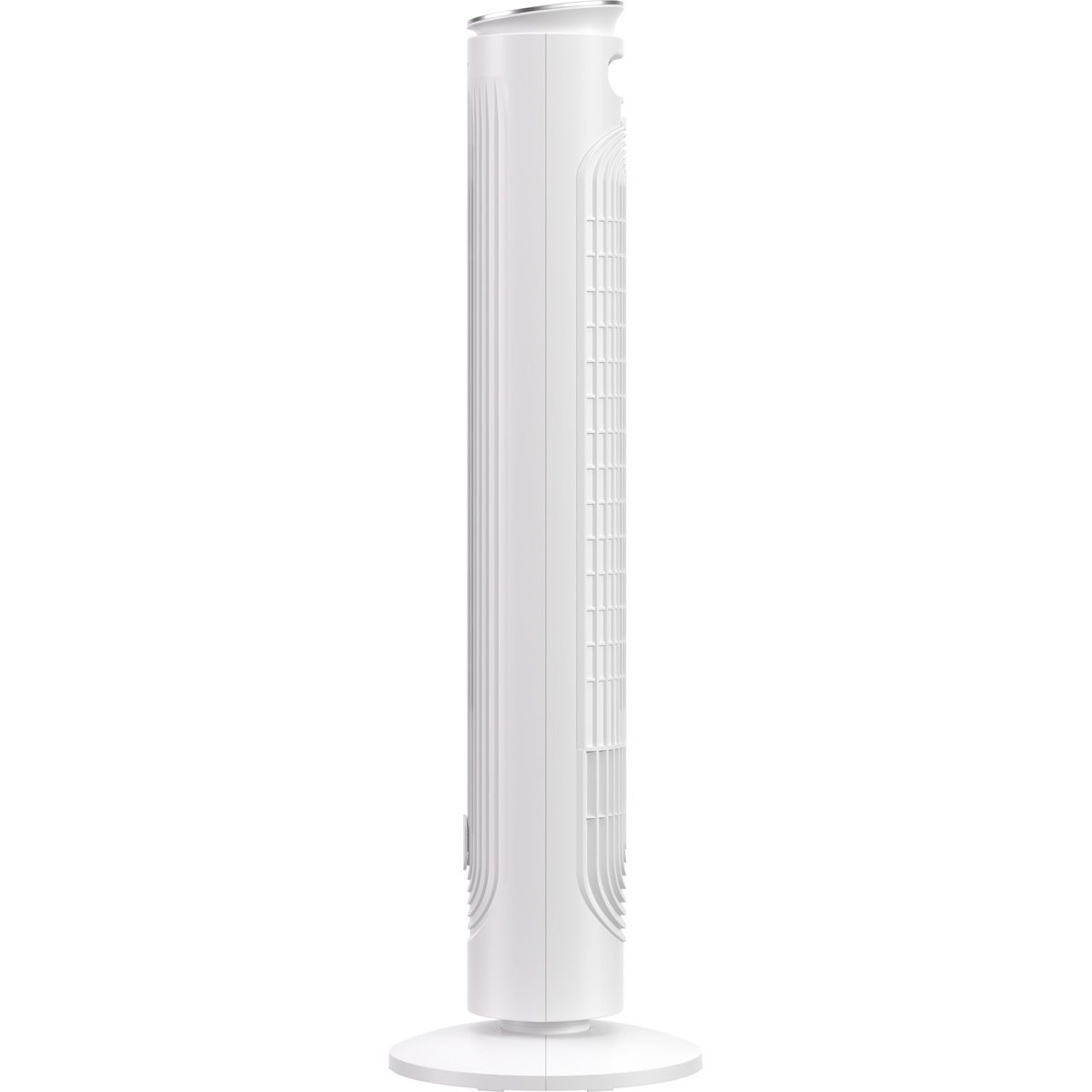 Ein schlanker, weißer Turmventilator mit einer Basis und einem Lüftungsgitter.
