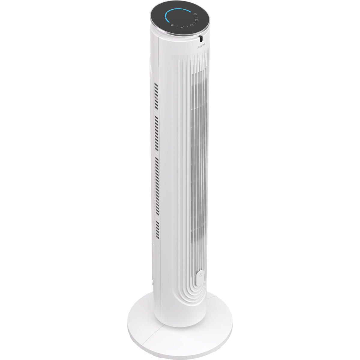 Ein weißer Turmventilator mit digitalem Display und runder Basis auf weißem Hintergrund.