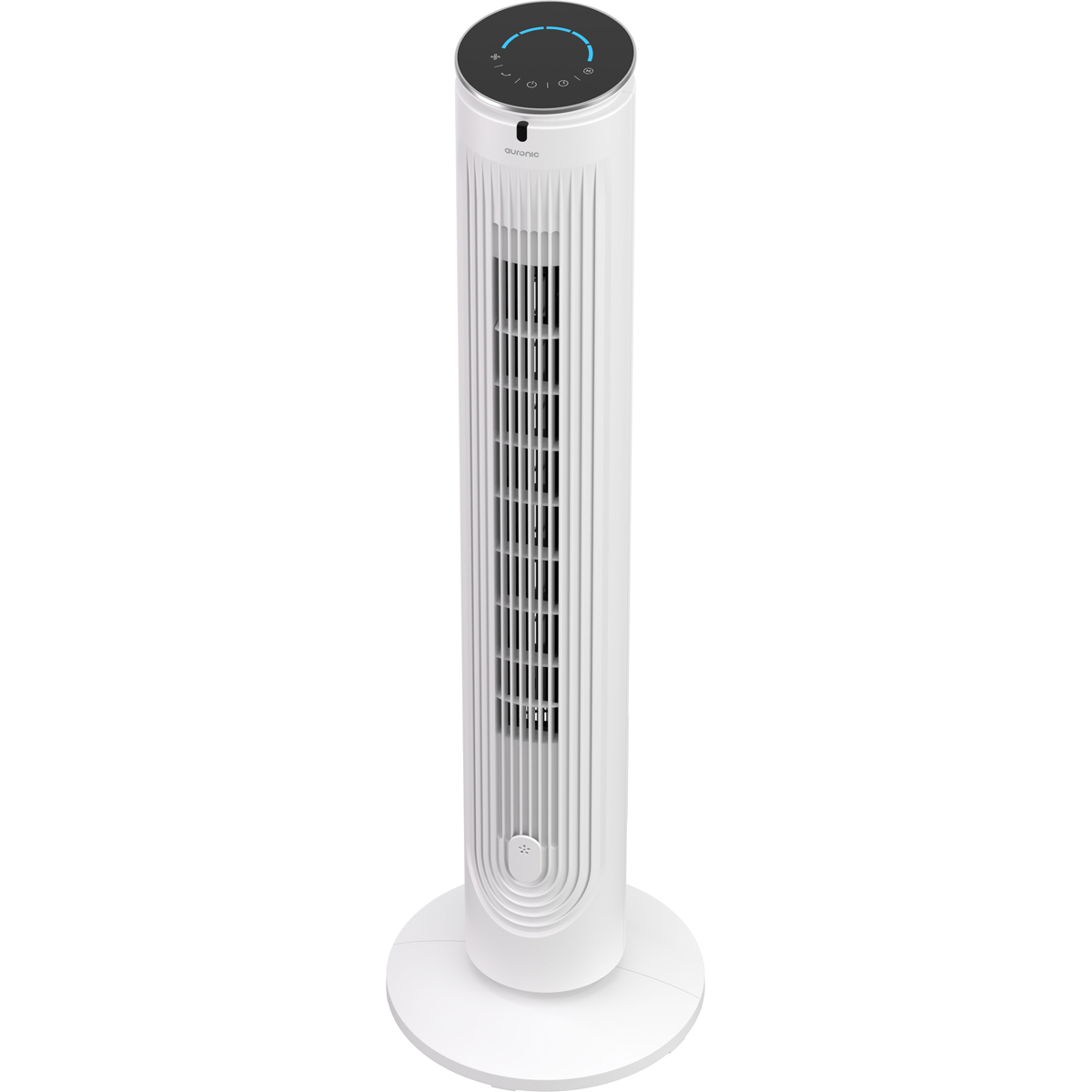 Ein weißer, moderner Turmventilator mit schwarzer Display-Oberseite und rundem Sockel.