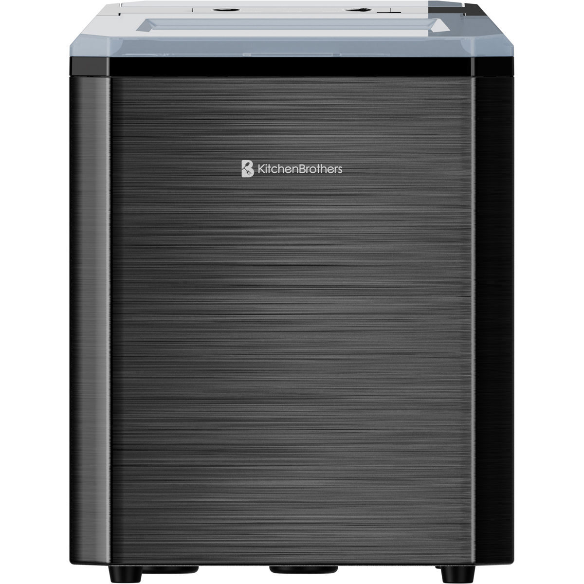 A dark, brushed metal cabinet with white logo and a blue accent at the top.