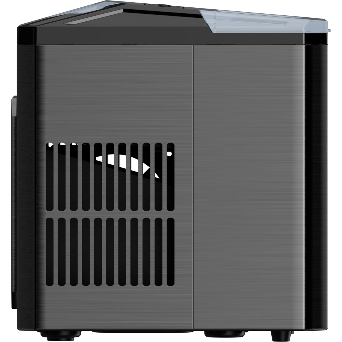 Gray mini fridge with ventilation slots and a transparent lid on top.