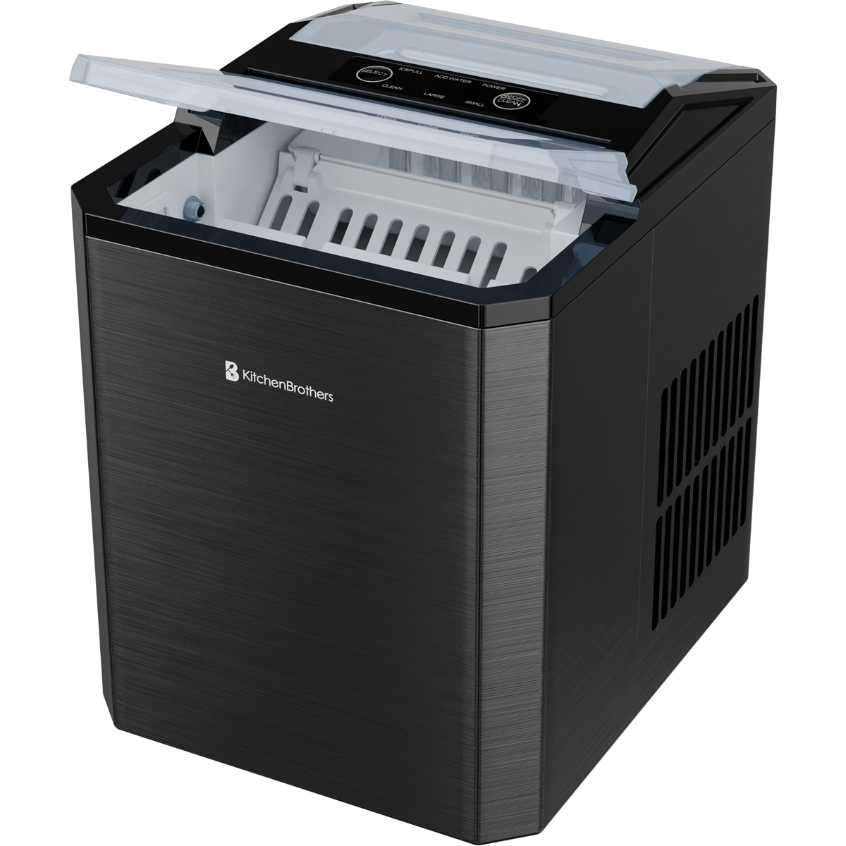 A black brushed metal ice maker with a clear lid slightly ajar, showing ice molds inside.
