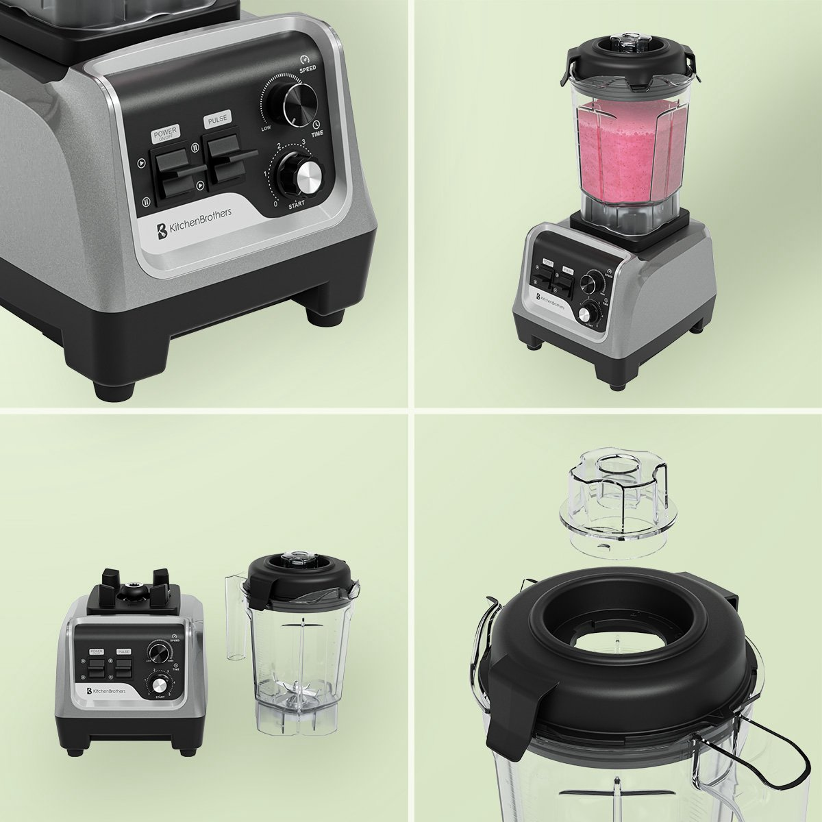 A silver blender with black controls and a jug filled with pink liquid.