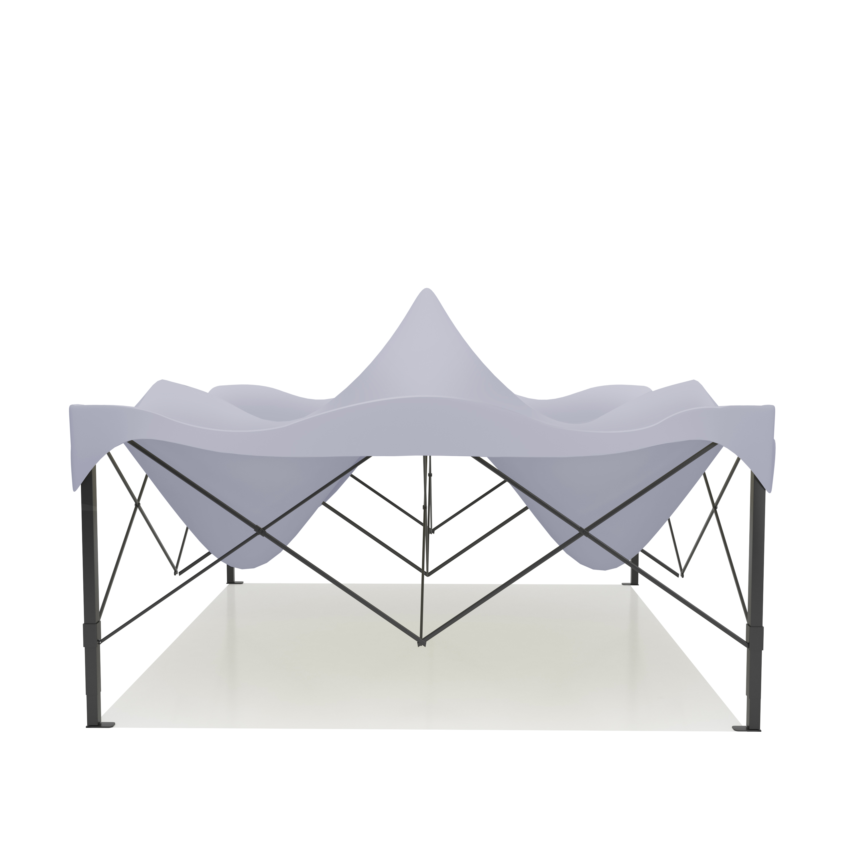 A gray tent fabric billows over a black metal frame on a white surface.