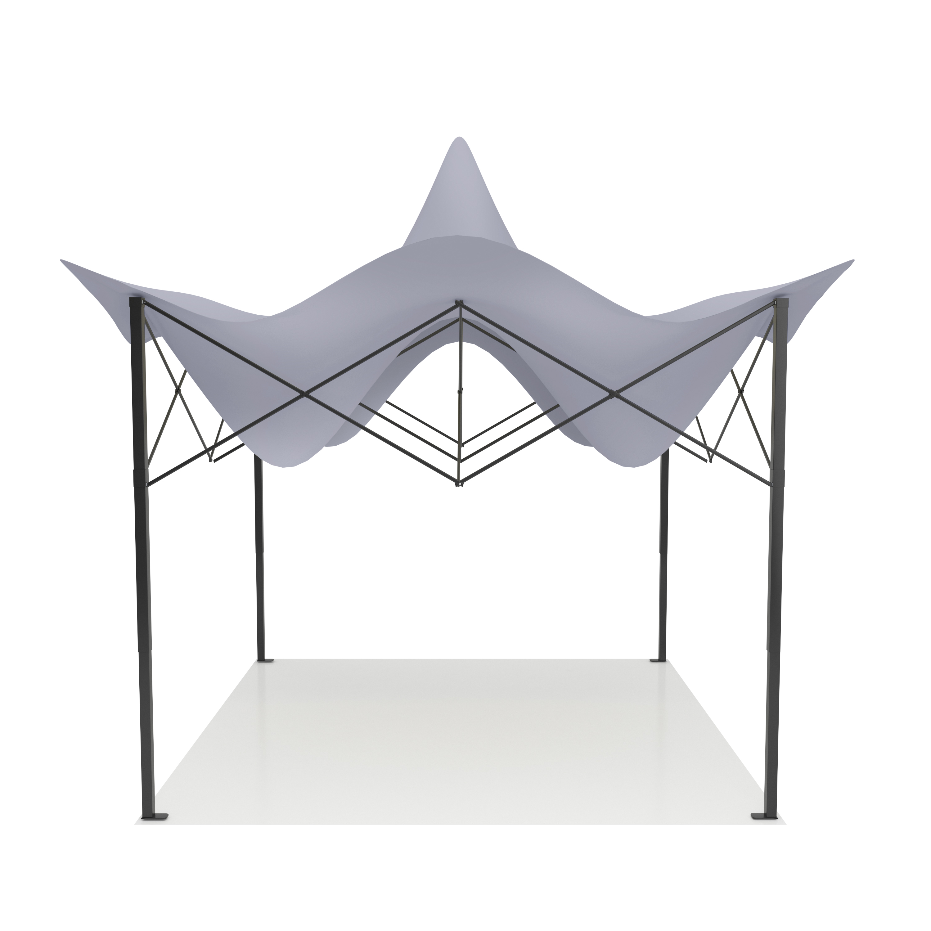 A gray canopy with a wavy roof and black metal frame.