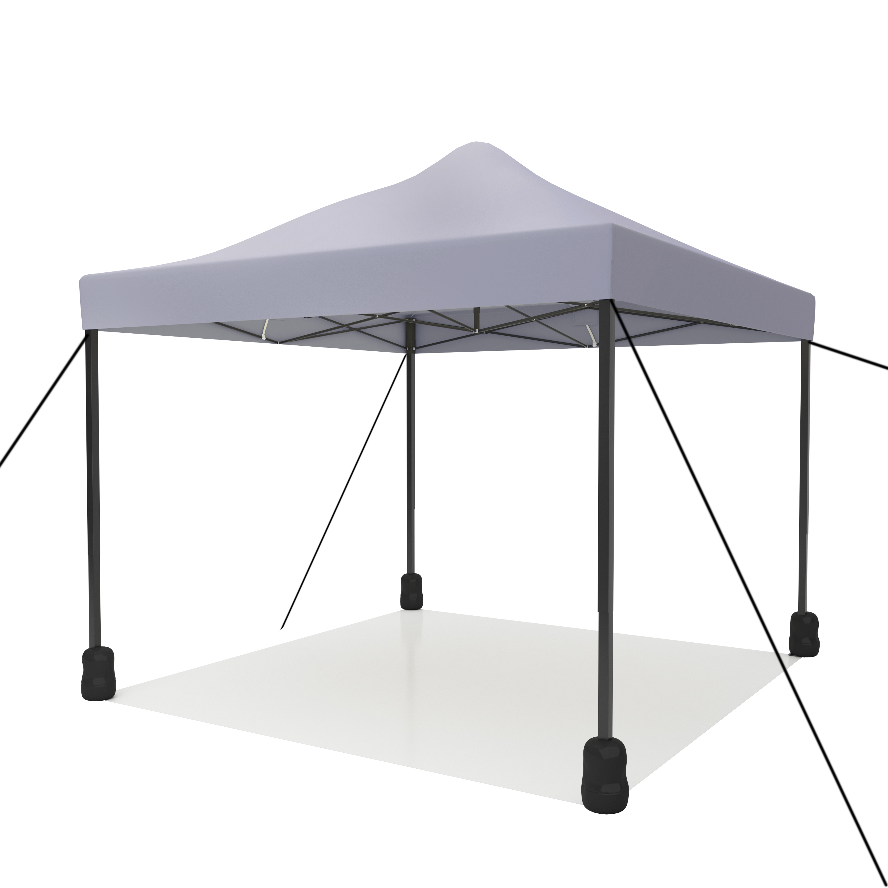 A light gray pop-up canopy tent with black legs and weights.