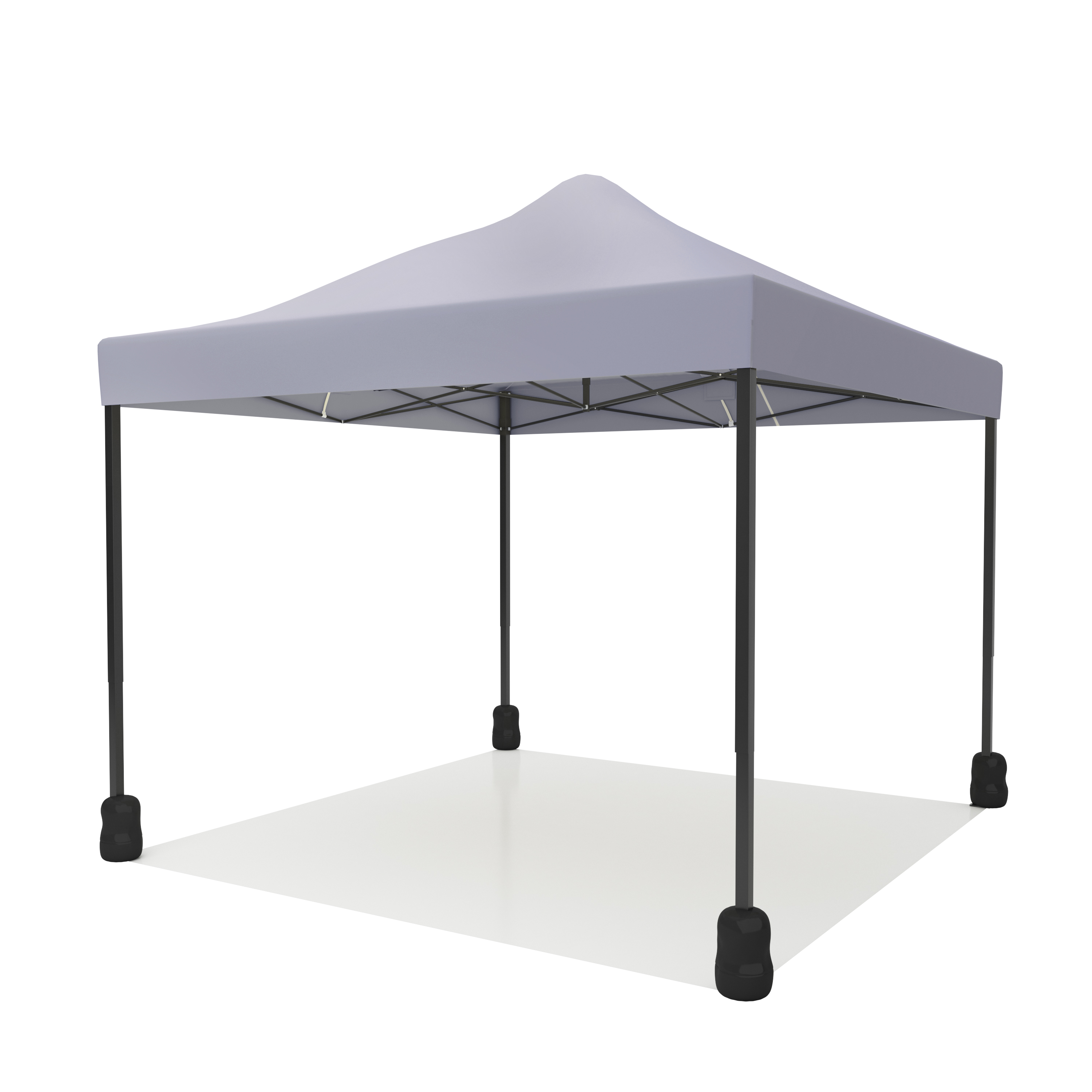 A grey tent with black poles and feet stands on a white surface.