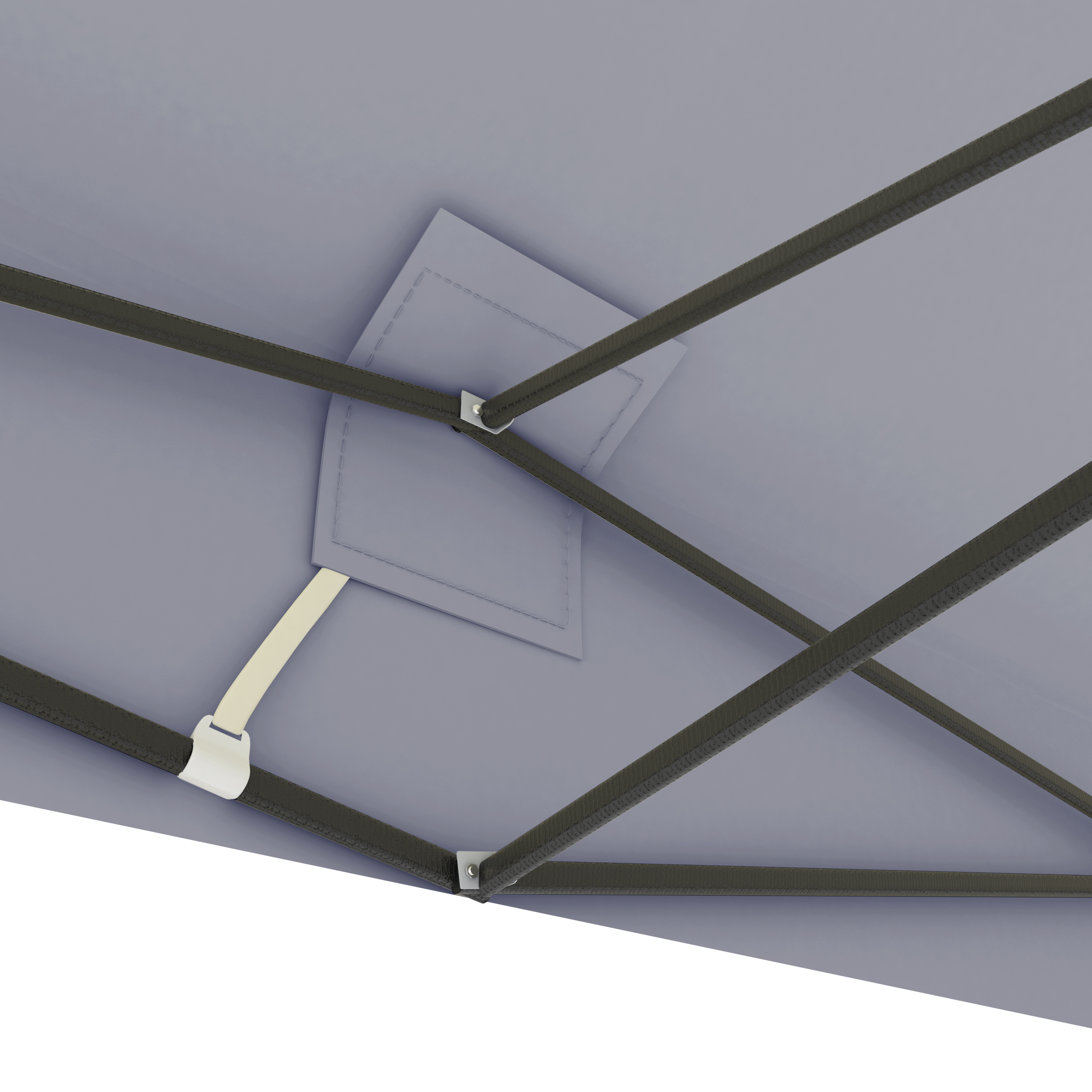 Gray fabric umbrella with black poles and a white strap.