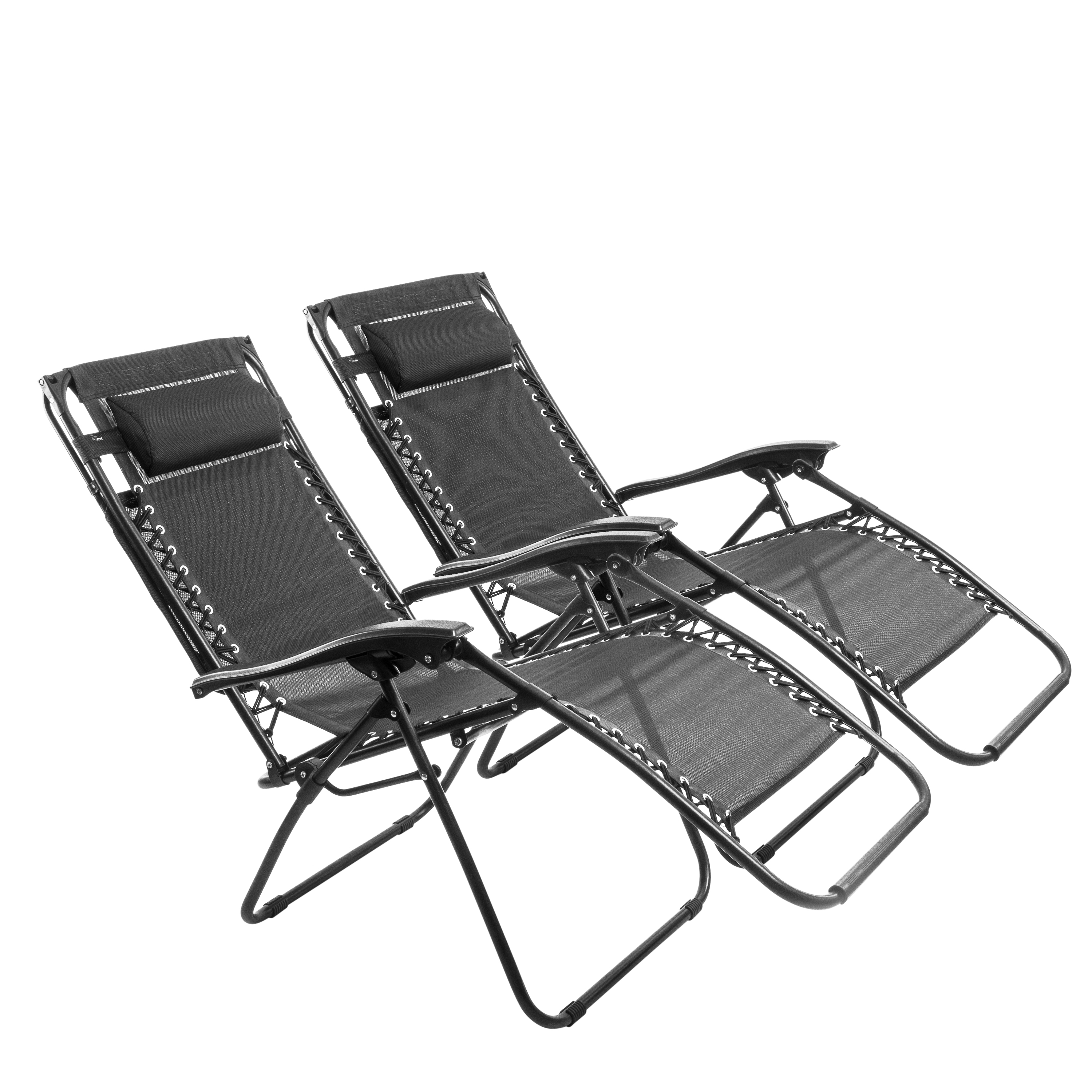 Twee zwarte zero gravity stoelen met hoofdsteunen op witte achtergrond.