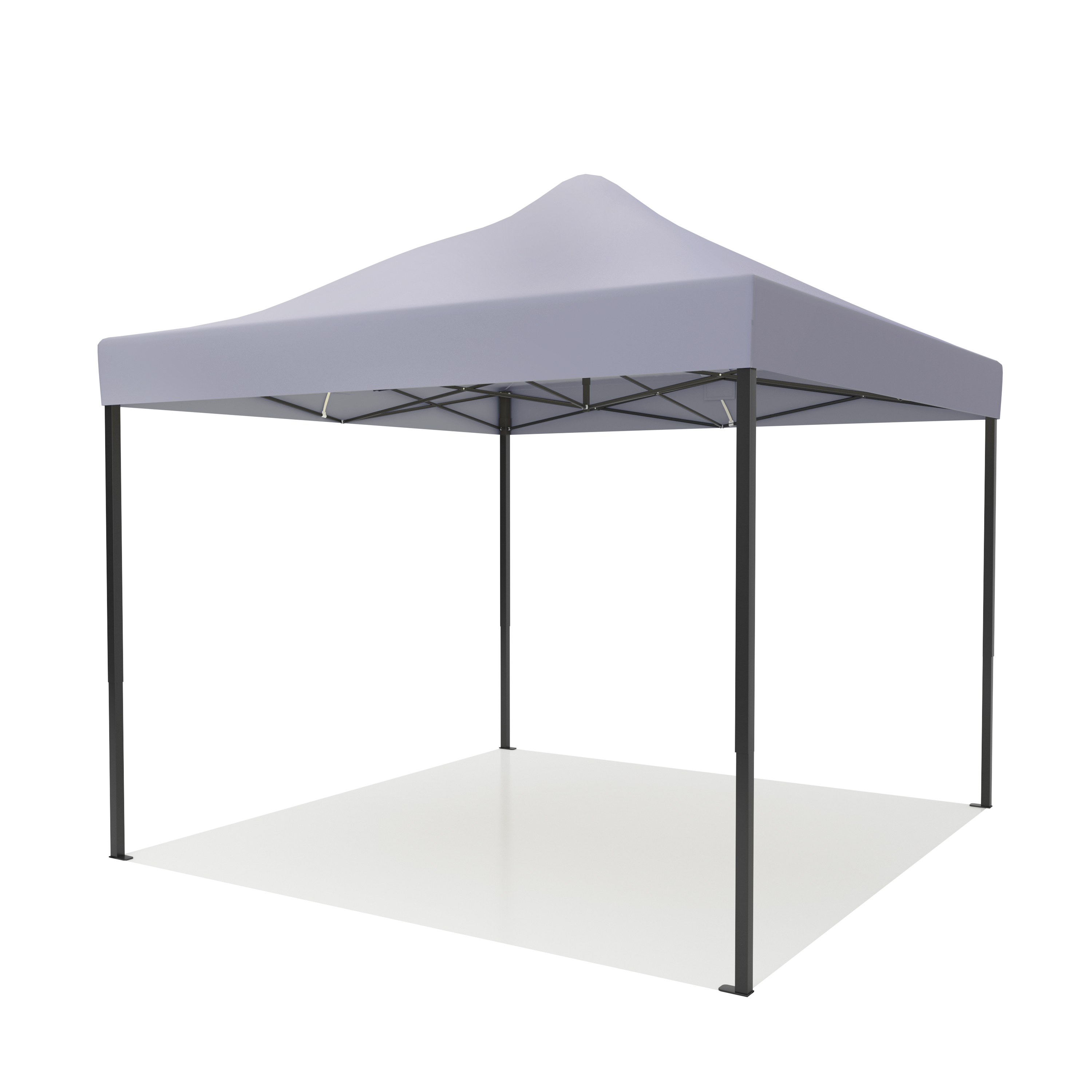 A gray canopy tent with a black metal frame stands on a white surface.