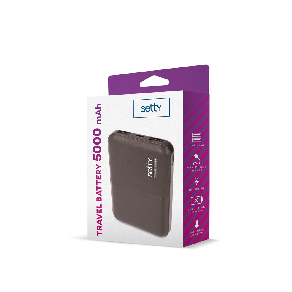 Powerbank Setty 5000mAh z podwójnym wyjściem i kablem microUSB.
