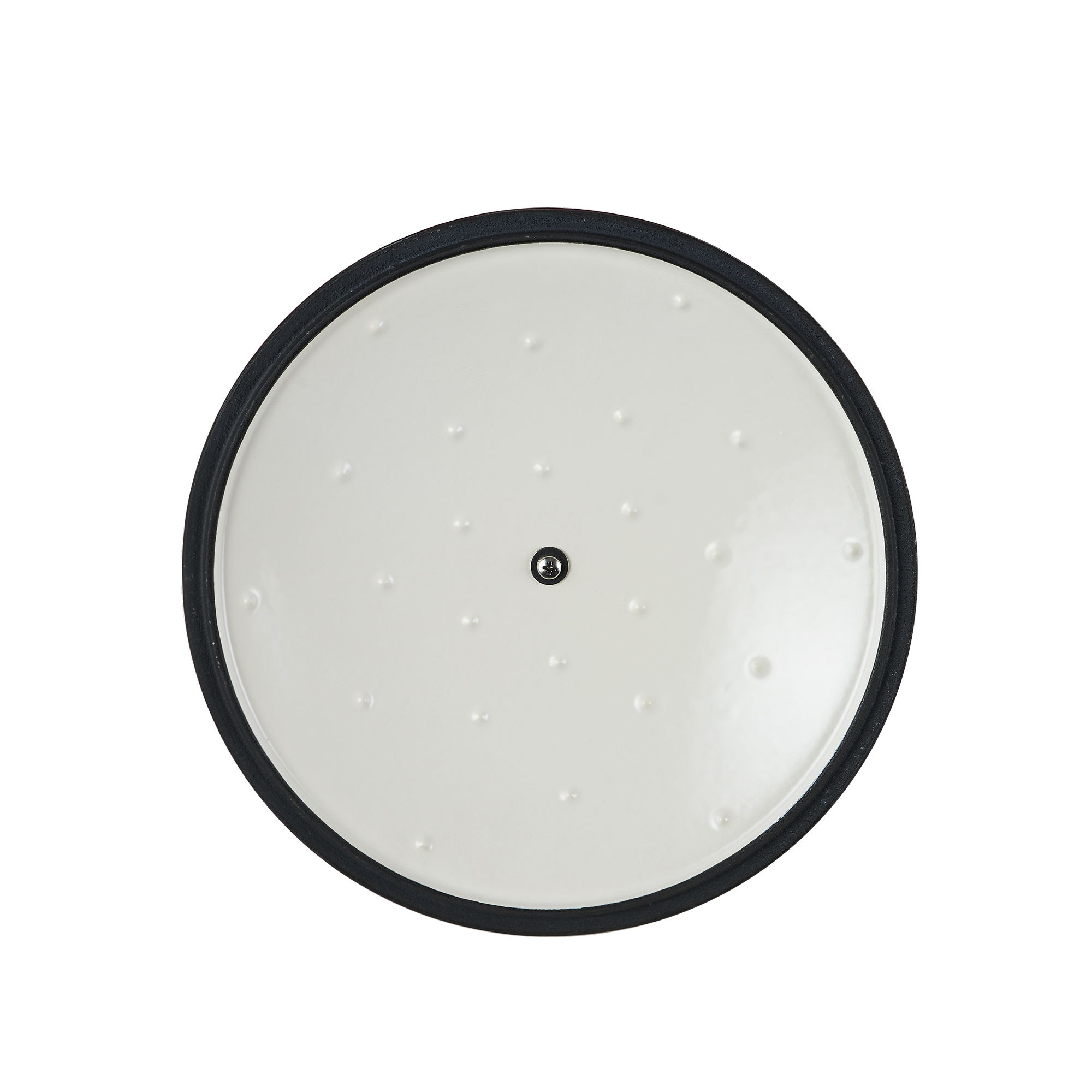 Een witte potdeksel met zwarte rand en een zilveren knop in het midden.
