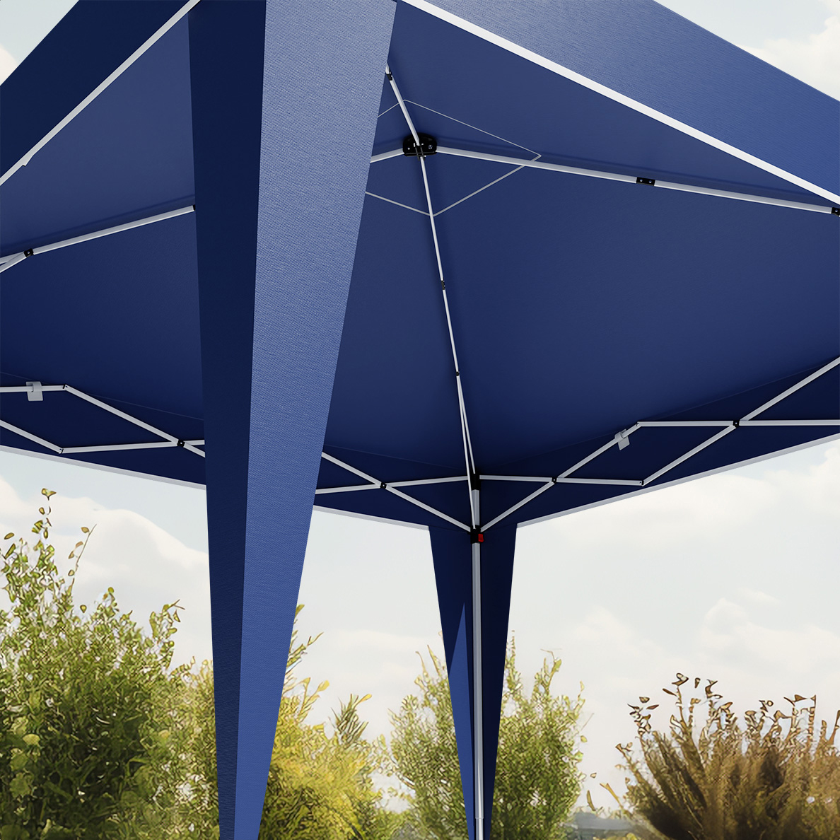 Dark blue pop-up canopy tent with white metal frame outdoors with trees.