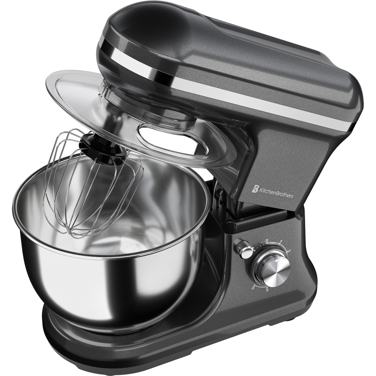 Un robot pâtissier KitchenBrothers gris foncé avec bol et fouet en acier inoxydable.