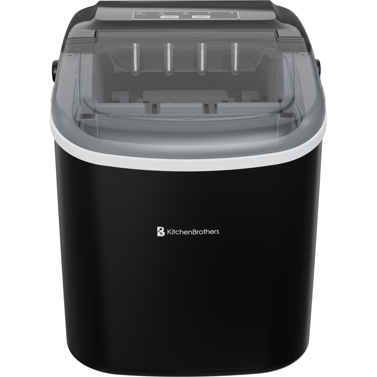 Black ice maker with a transparent lid and control buttons on top.