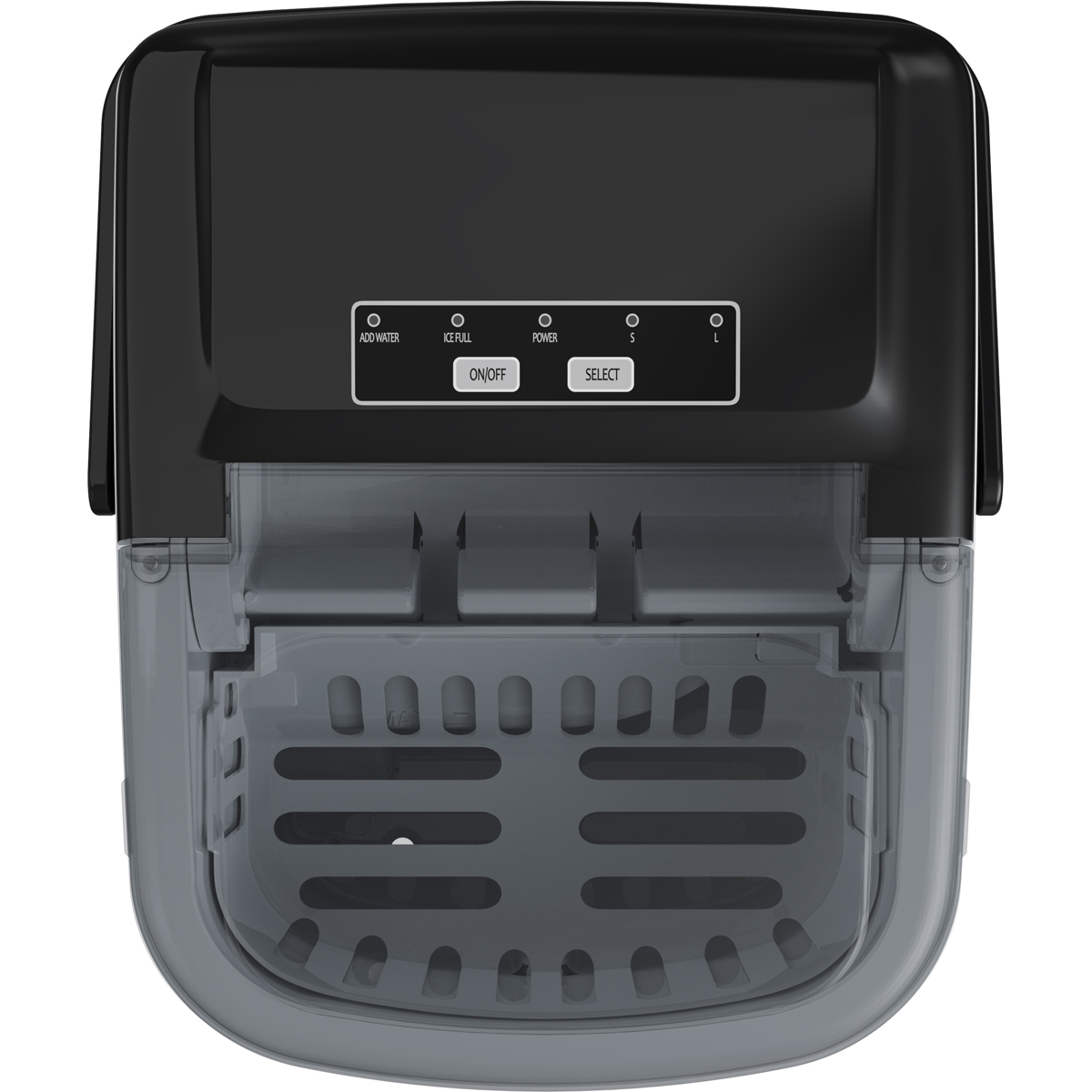 Black and gray ice maker with control panel and ice bin. Ready for use.